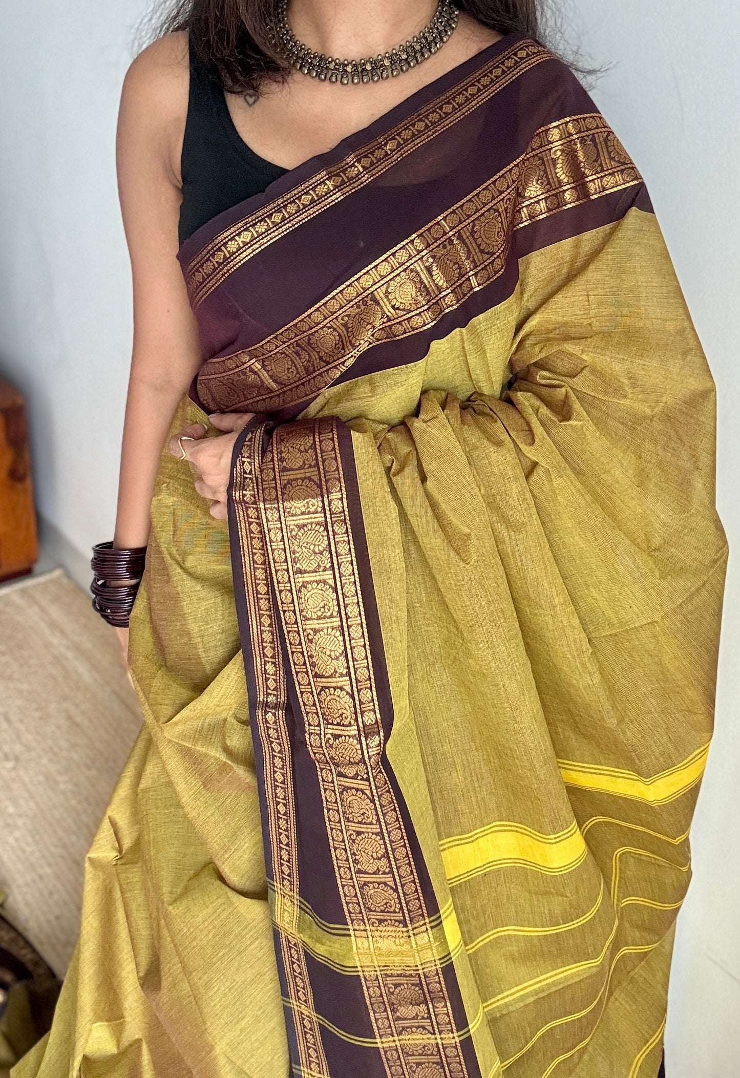 Light Green with Brown Contrast Border - Chettinad Cotton