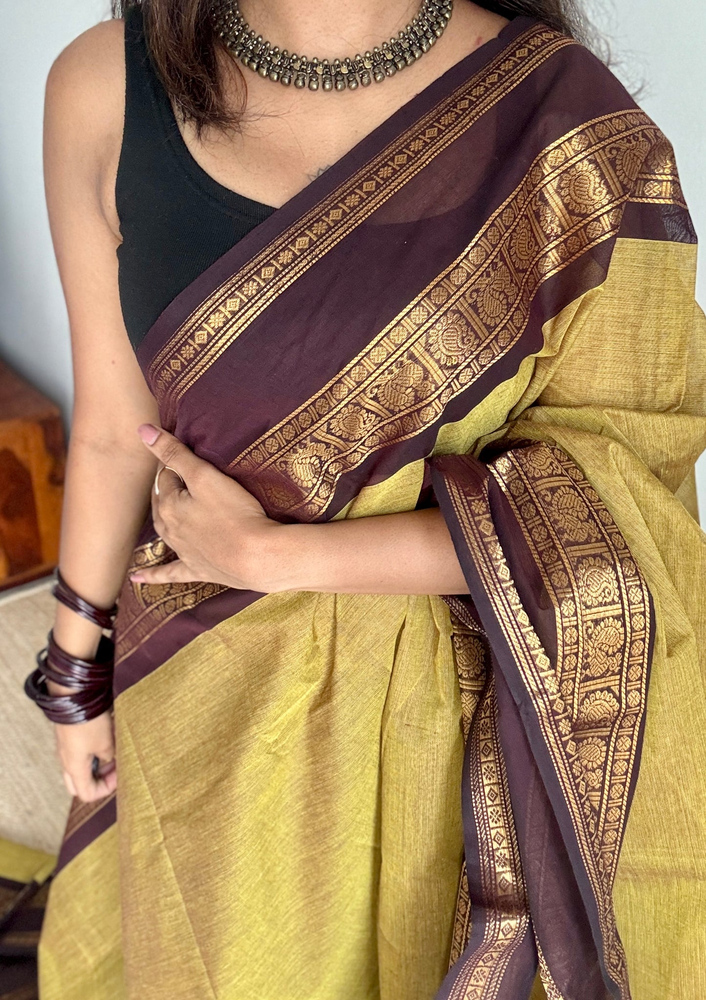 Light Green with Brown Contrast Border - Chettinad Cotton