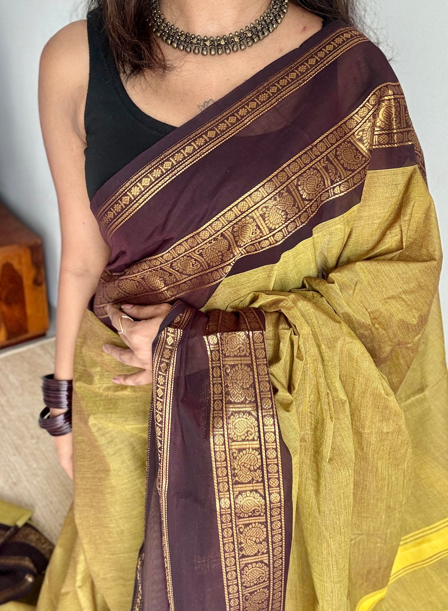 Light Green with Brown Contrast Border - Chettinad Cotton