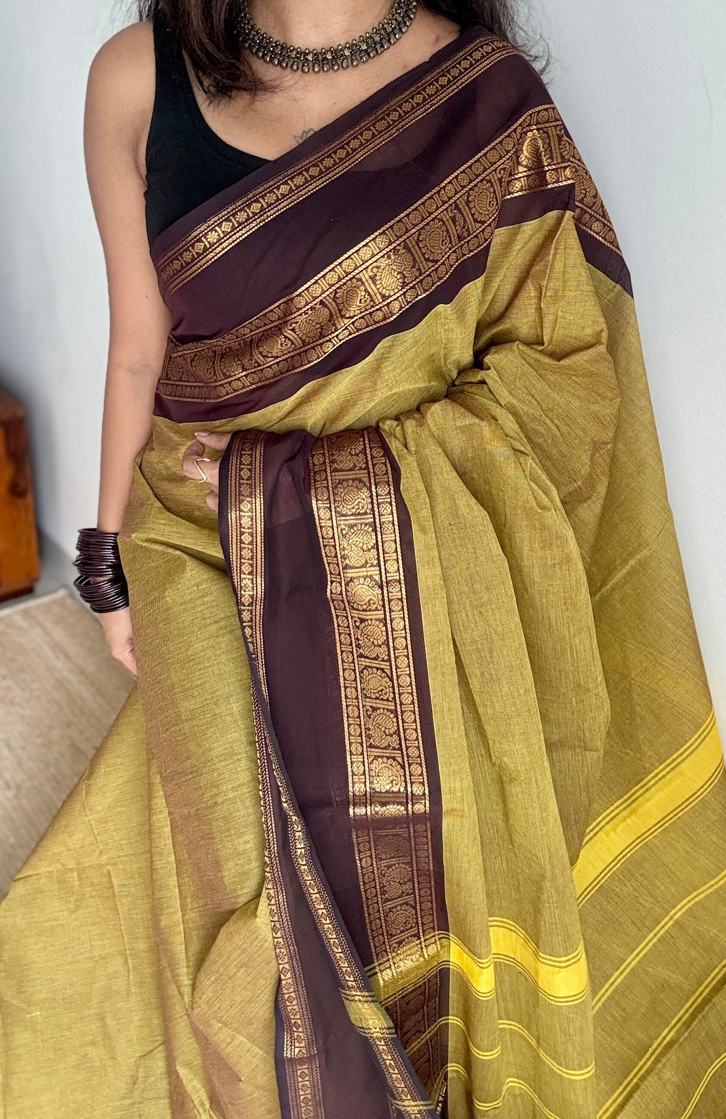 Light Green with Brown Contrast Border - Chettinad Cotton