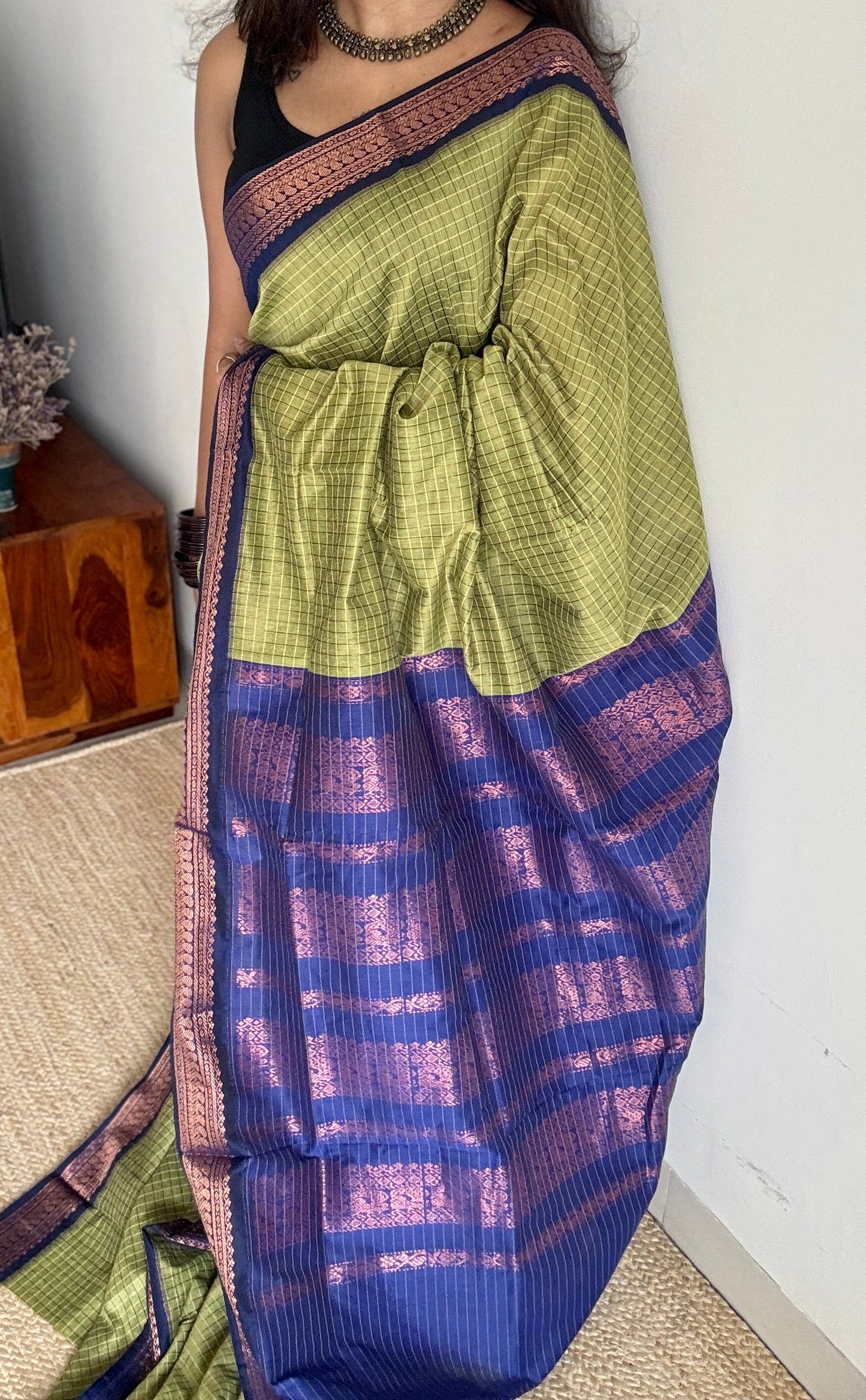 Light Green - Royal Blue, Checks - Kalyani Cotton Silk - YCCOTNKCSC04