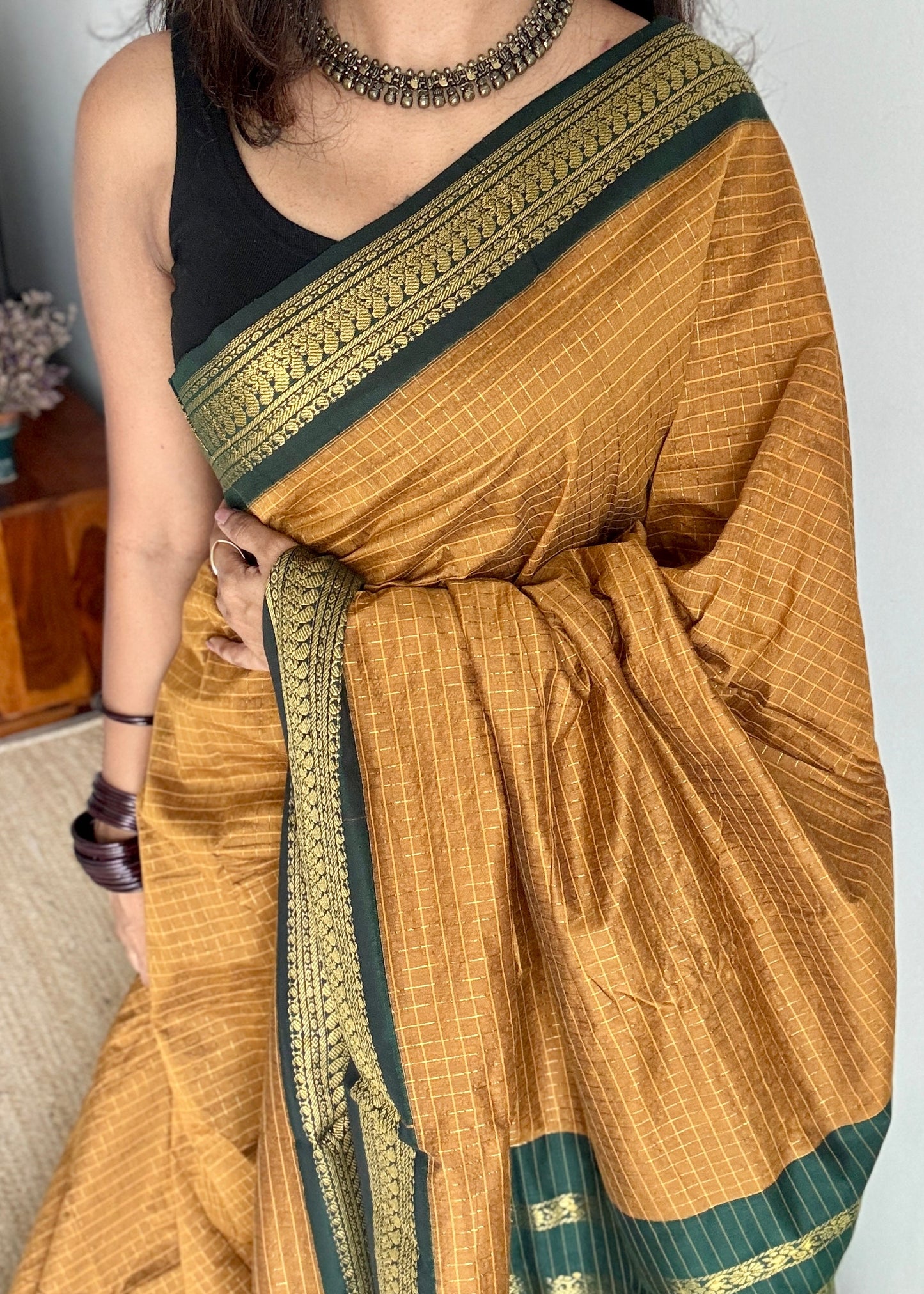 Light Brown - Dark Green, Checks - Kalyani Cotton Silk - YCCOTNKCSC07