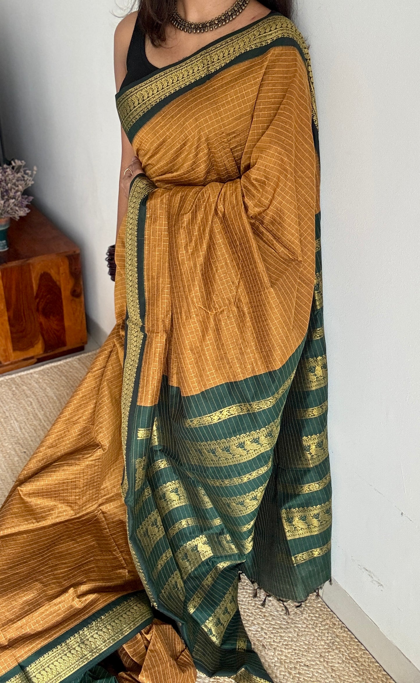 Light Brown - Dark Green, Checks - Kalyani Cotton Silk - YCCOTNKCSC07
