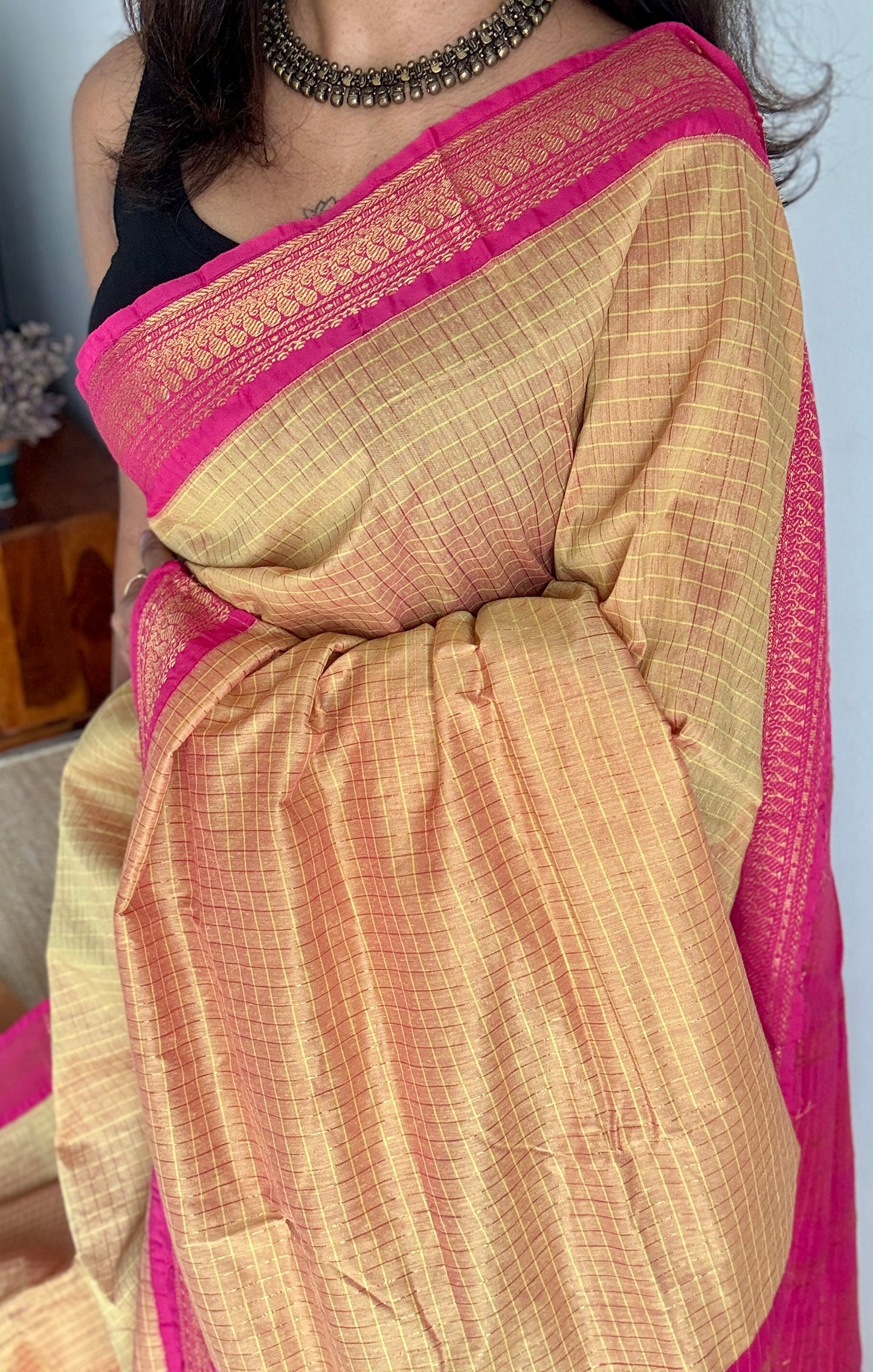 Sandal - Hot Pink, Checks - Kalyani Cotton Silk - YCCOTNKCSC06