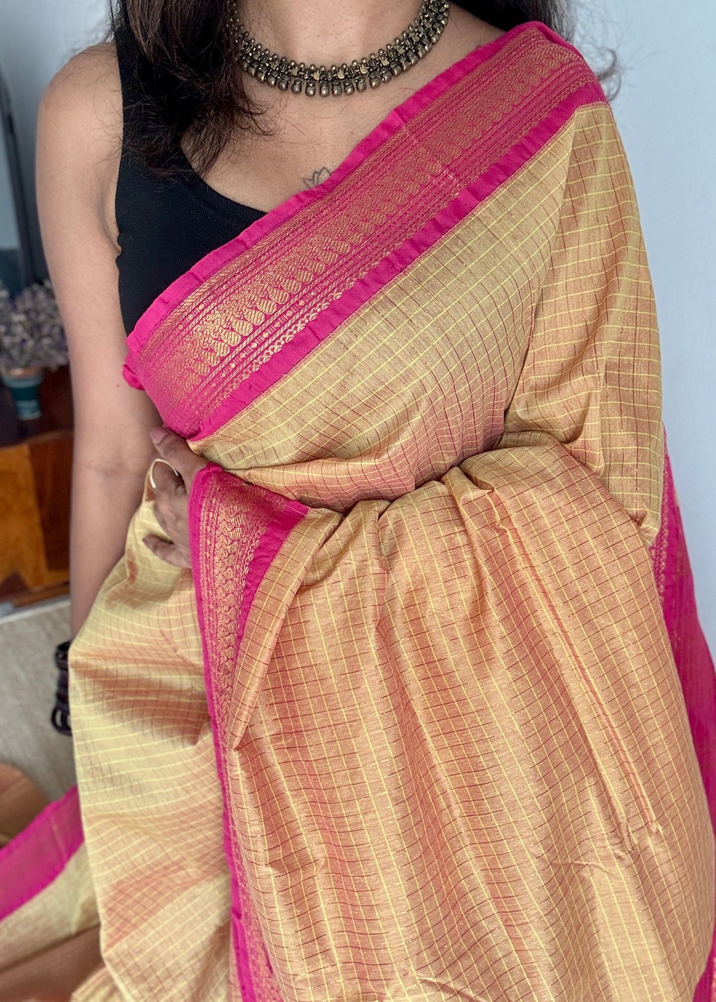Sandal - Hot Pink, Checks - Kalyani Cotton Silk - YCCOTNKCSC06