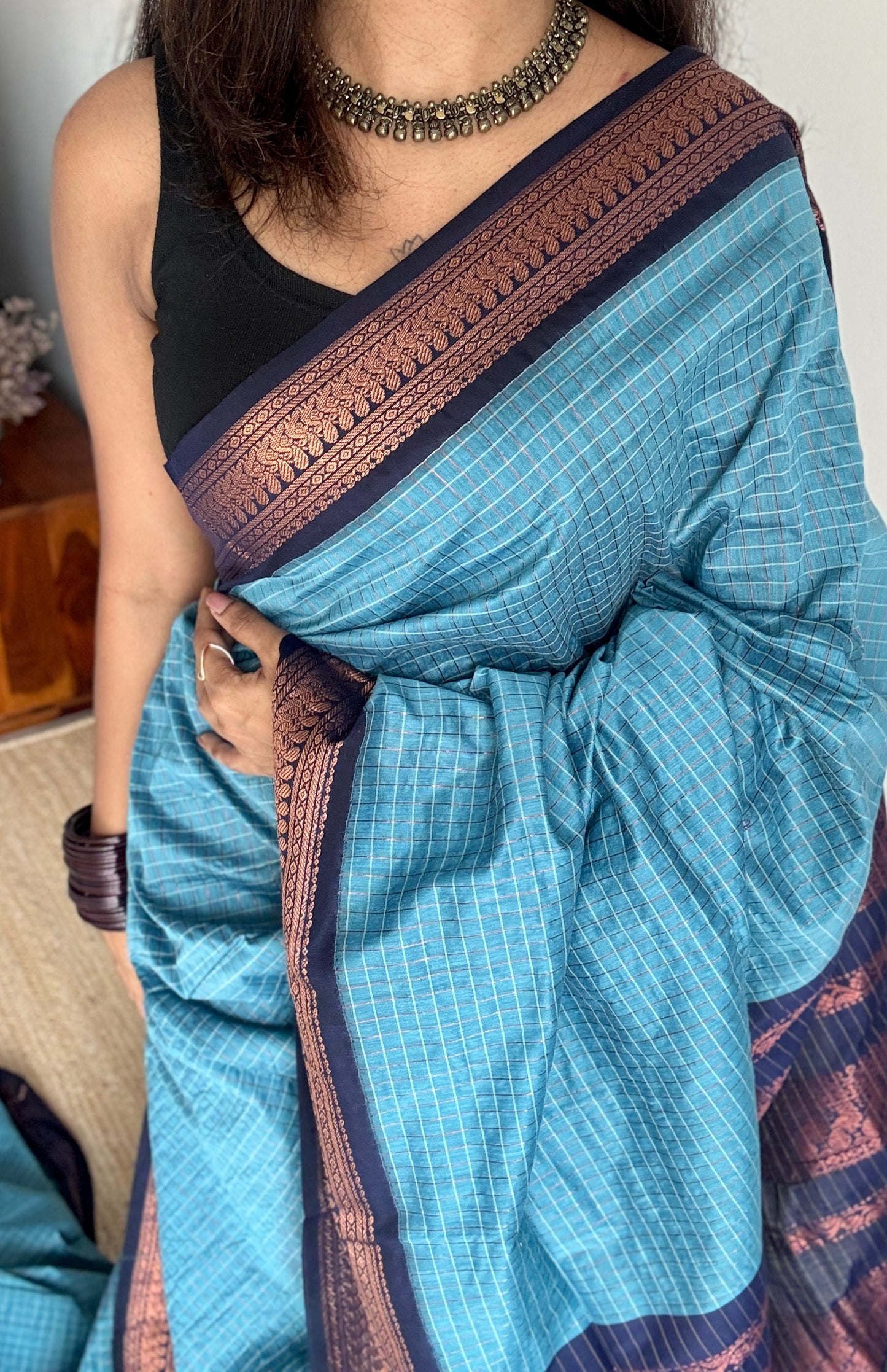 Light Blue - Dark Blue, Checks - Kalyani Cotton Silk - YCCOTNKCSC03