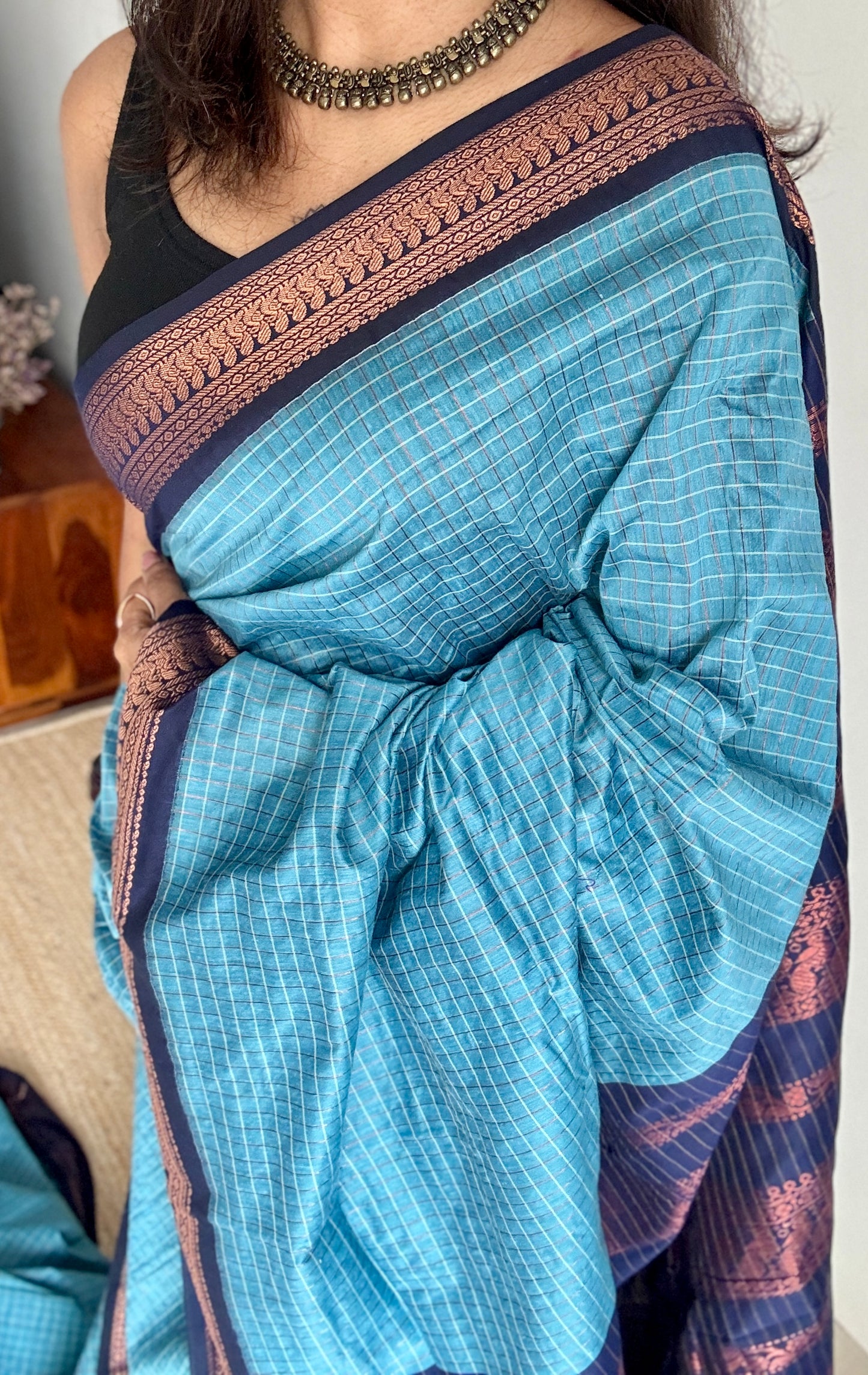 Light Blue - Dark Blue, Checks - Kalyani Cotton Silk - YCCOTNKCSC03