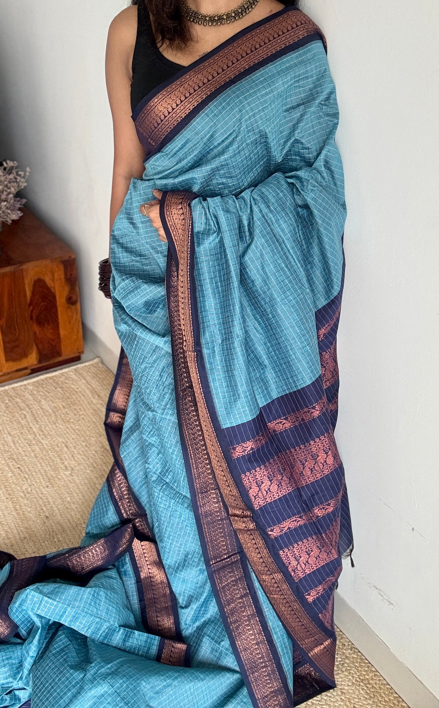 Light Blue - Dark Blue, Checks - Kalyani Cotton Silk - YCCOTNKCSC03