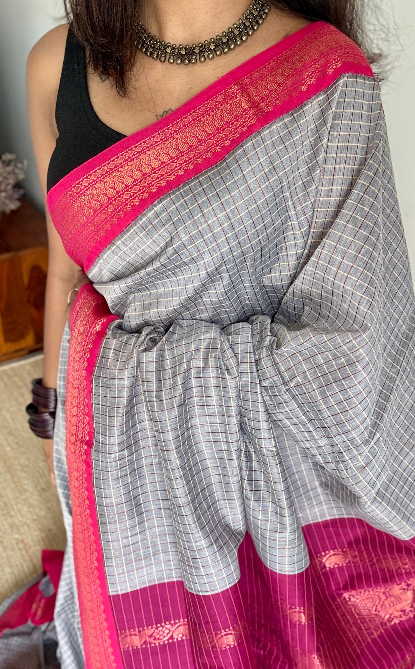 Grey- Pink, Checks - Kalyani Cotton Silk - YCCOTNKCSC01