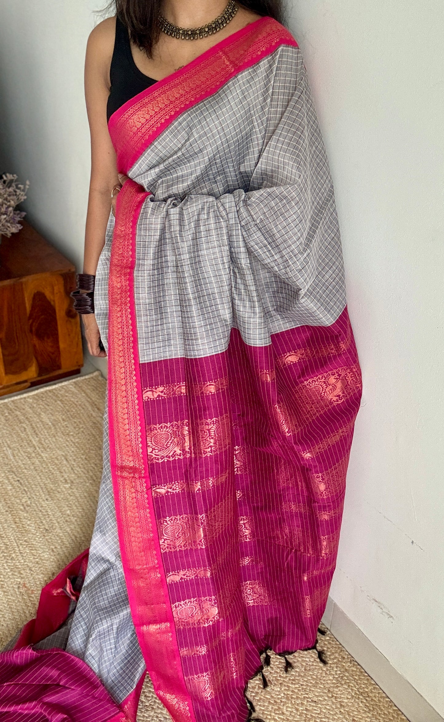 Grey- Pink, Checks - Kalyani Cotton Silk - YCCOTNKCSC01