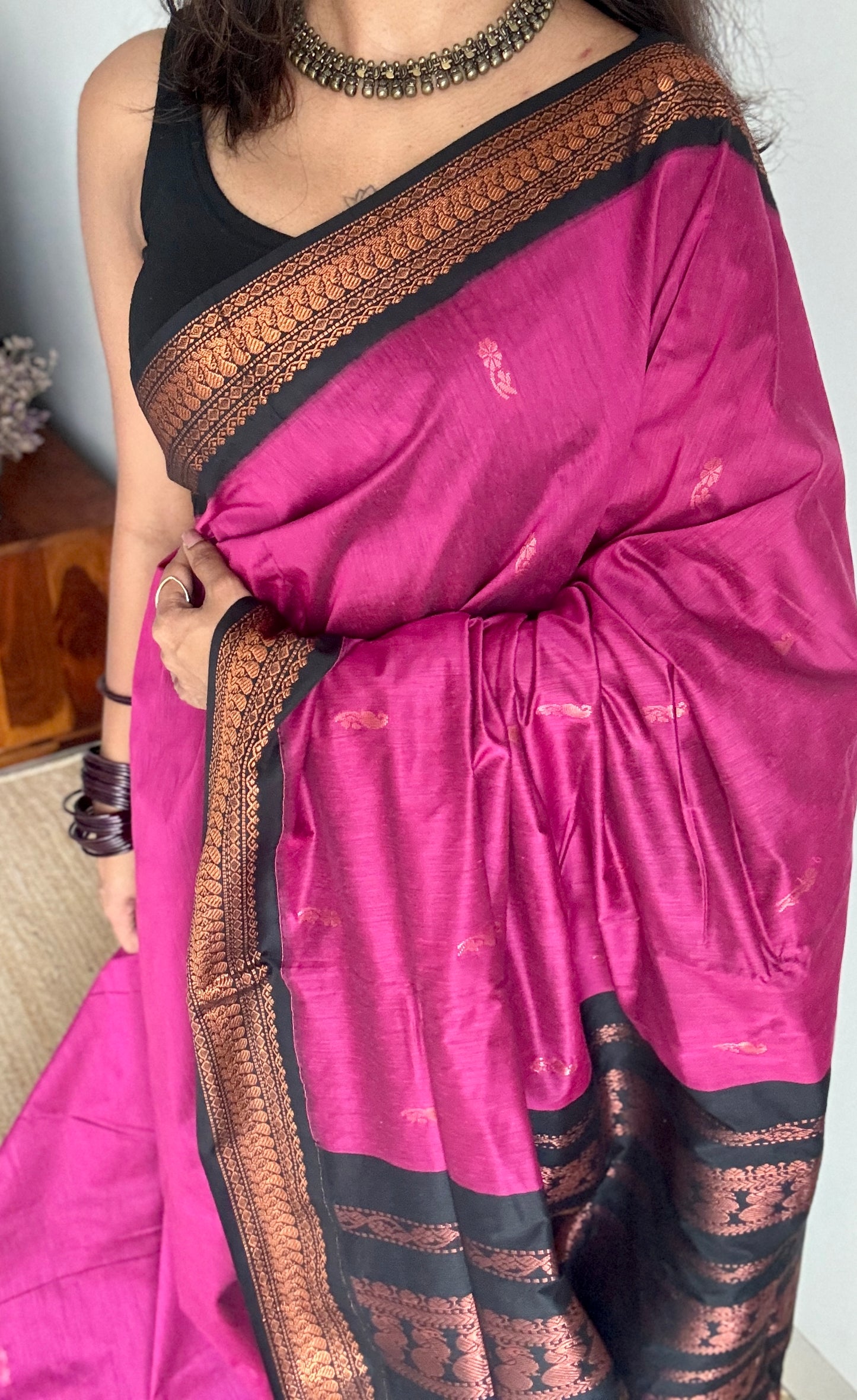 Magenta Pink - Black, Copper Zari - Kalyani Cotton Silk - YCCOTNKCSB02