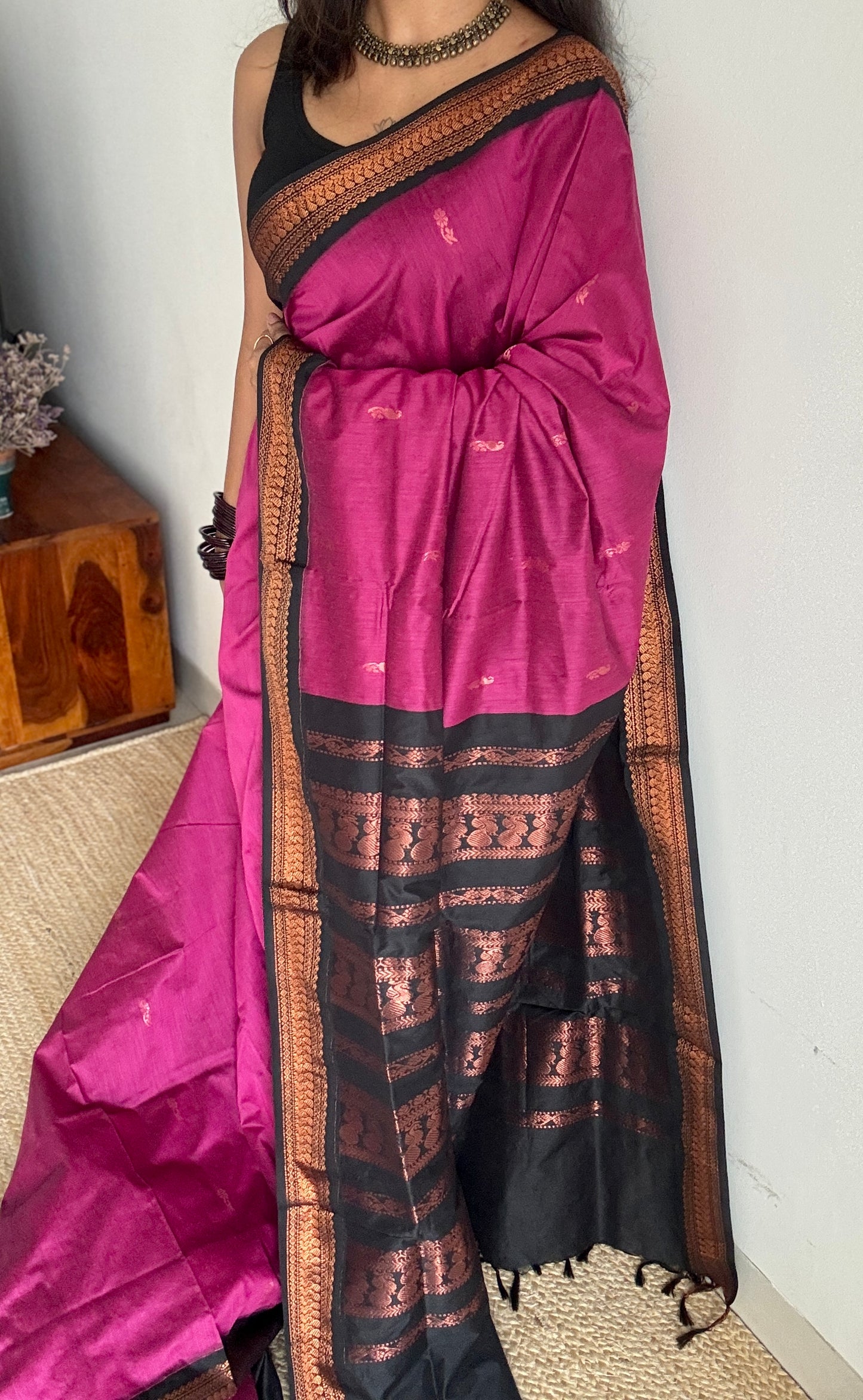 Magenta Pink - Black, Copper Zari - Kalyani Cotton Silk - YCCOTNKCSB02