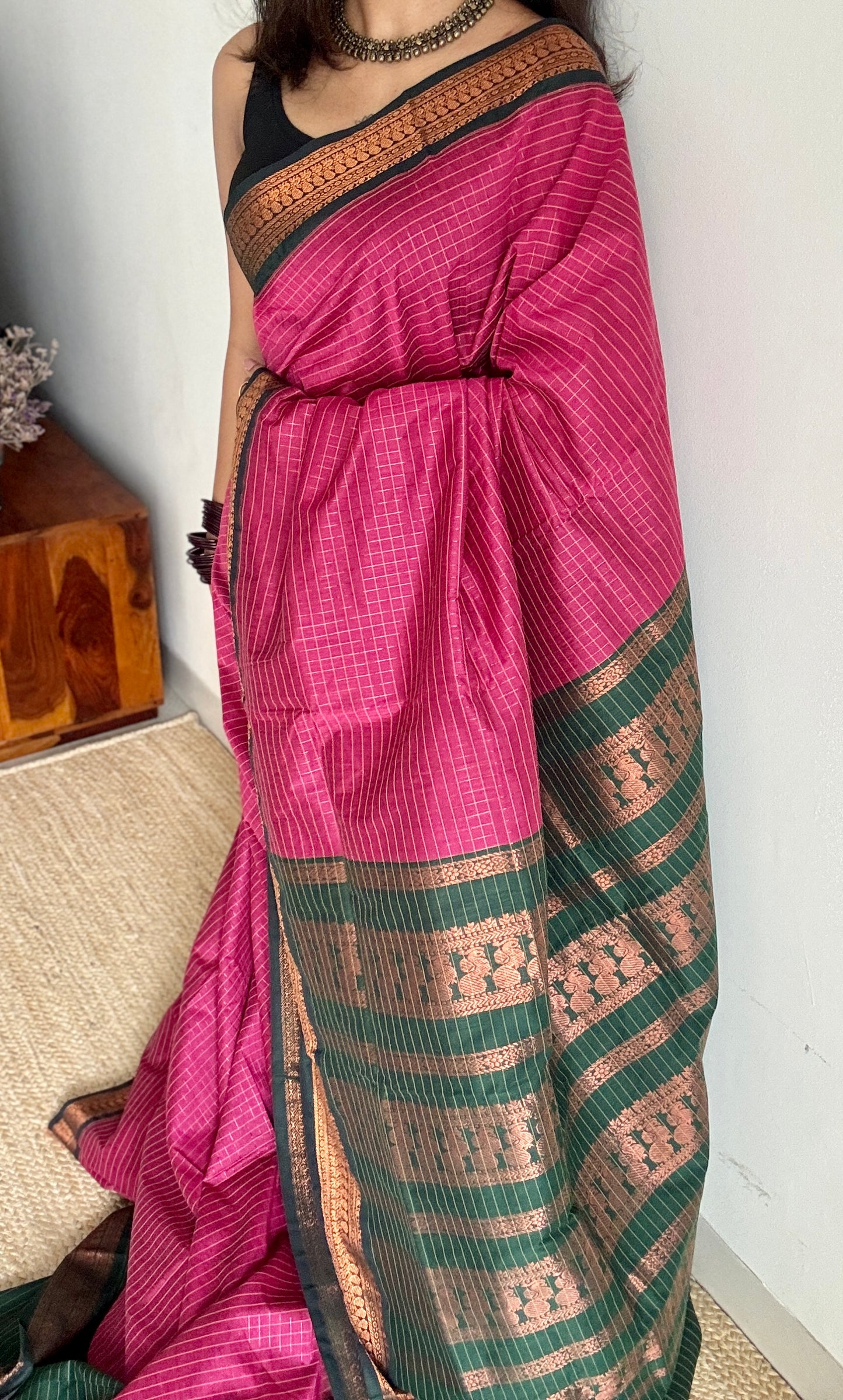 Dark Pink - Dark Green, Checks - Kalyani Cotton Silk - YCCOTNKCSC09