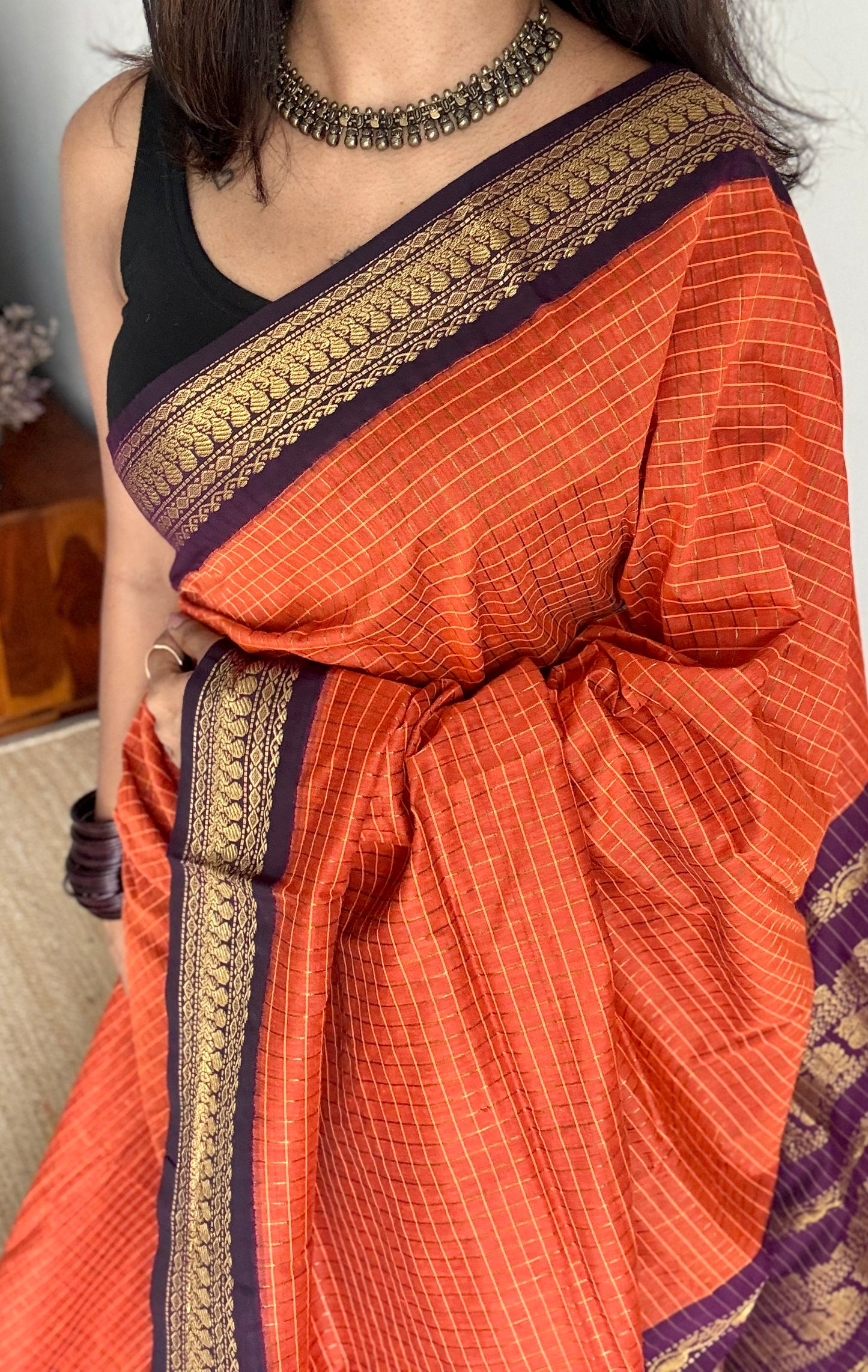 Dark Orange - Purple, Checks - Kalyani Cotton Silk - YCCOTNKCSC10
