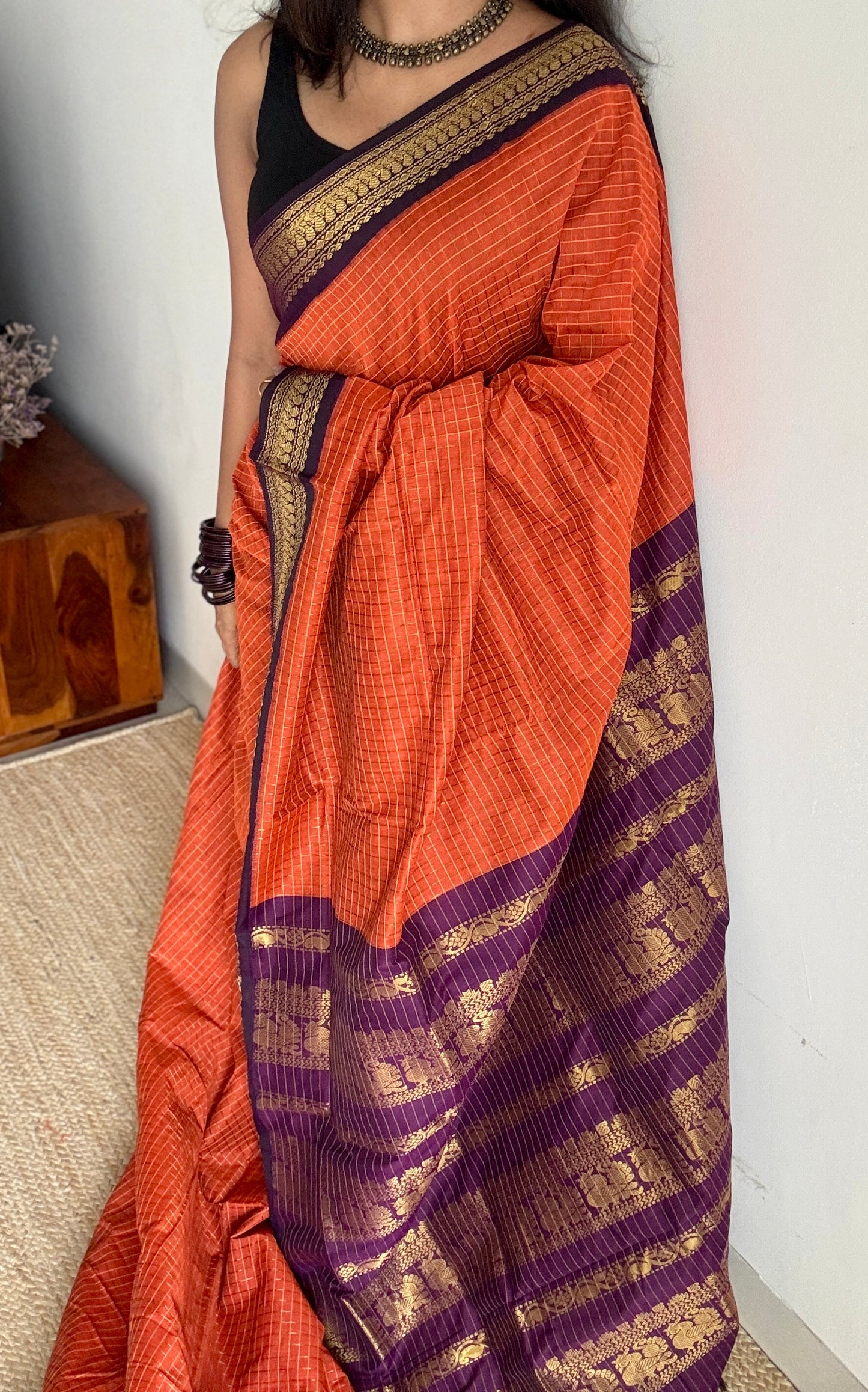 Dark Orange - Purple, Checks - Kalyani Cotton Silk - YCCOTNKCSC10