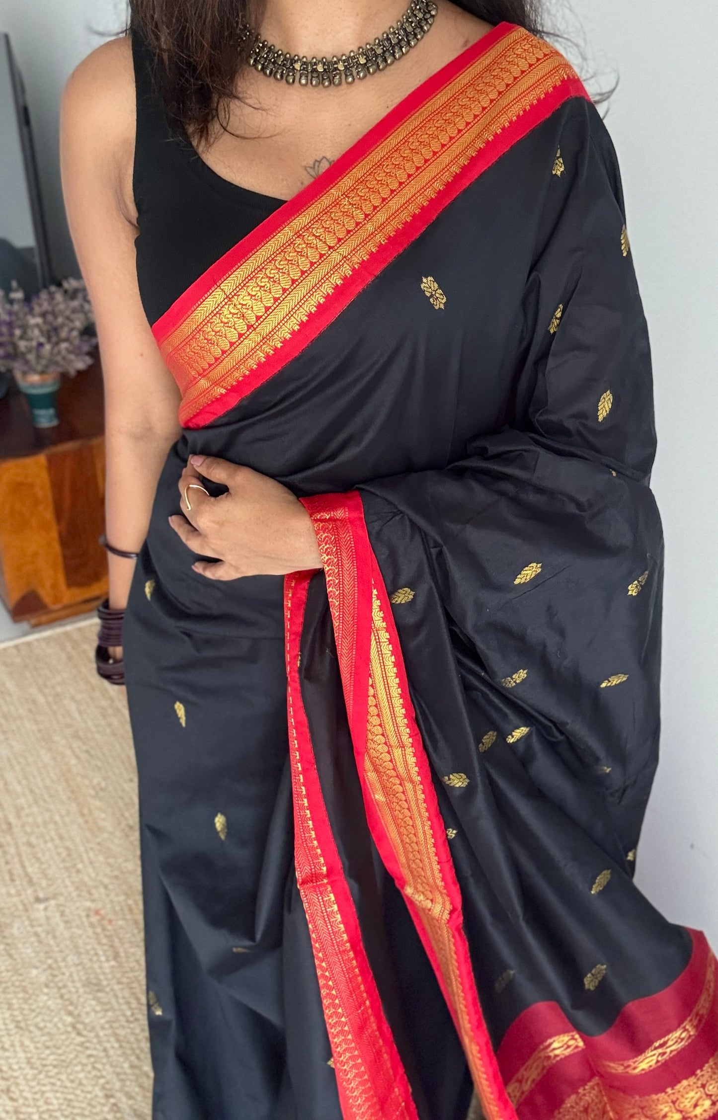 Black - Red, Gold Zari - Kalyani Cotton Silk - YCCOTNKCSB03