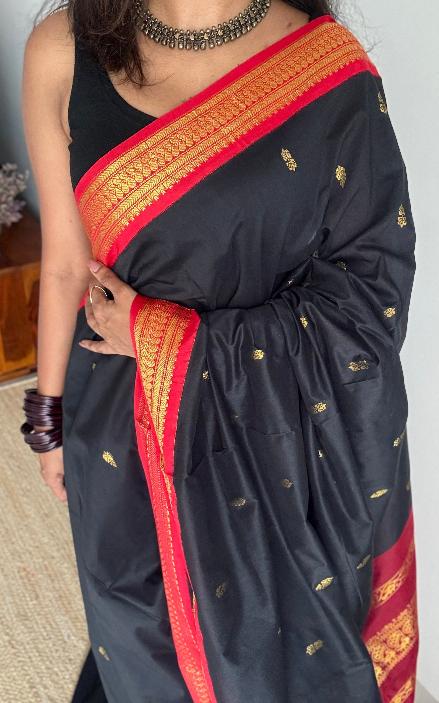 Black - Red, Gold Zari - Kalyani Cotton Silk - YCCOTNKCSB03