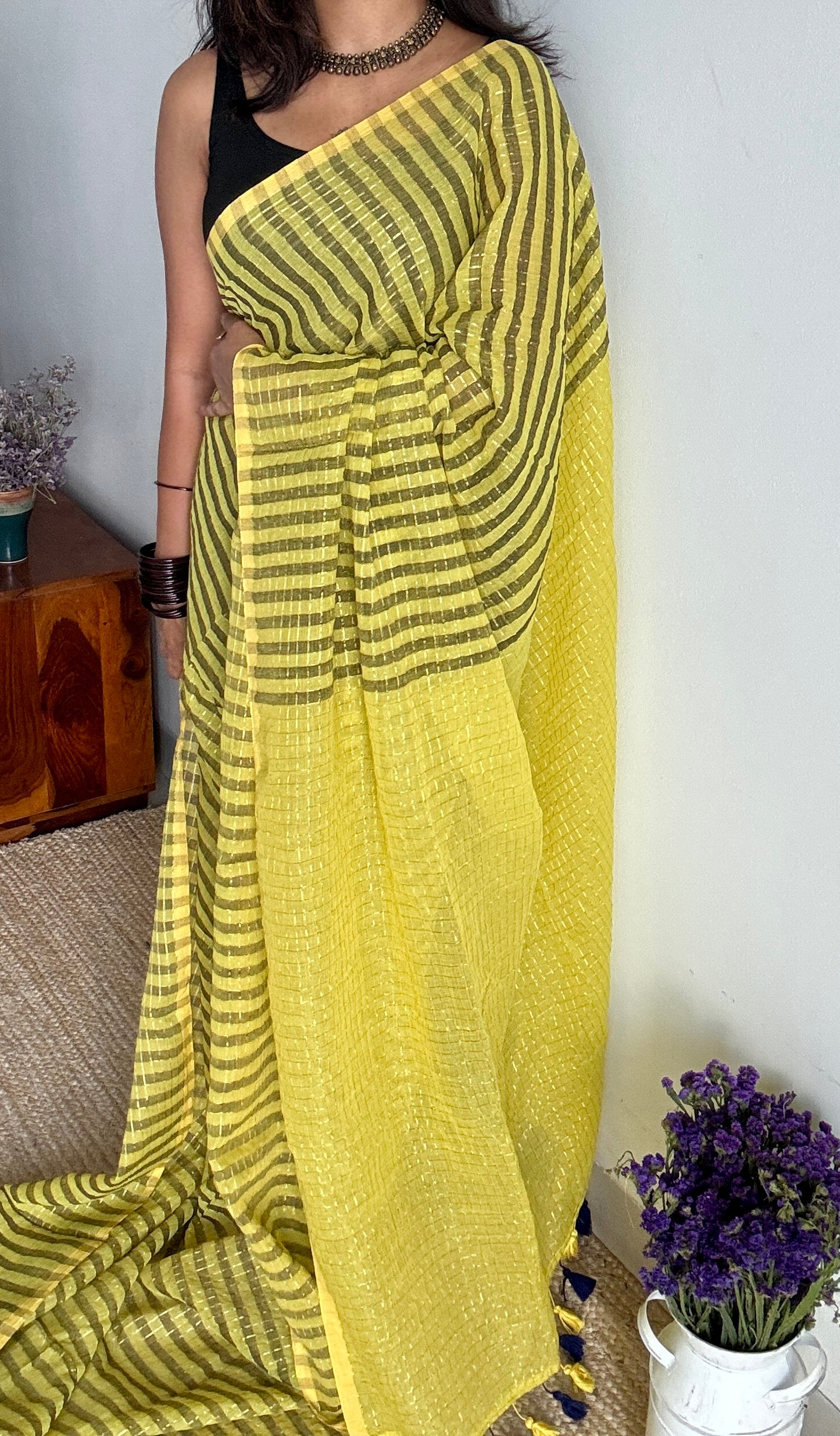 Green checks with gold zari - Mul Cotton YCBCM02