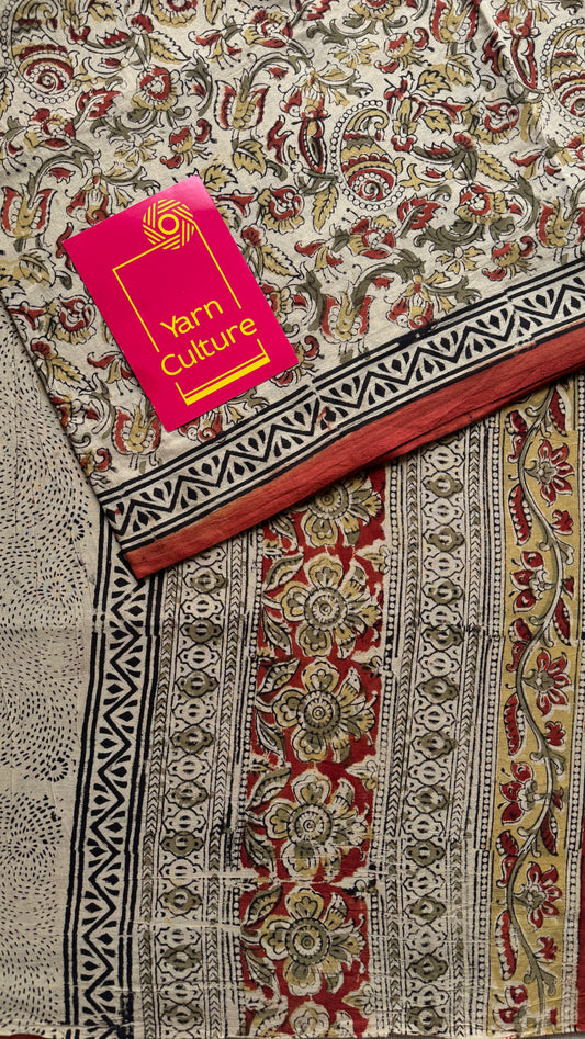 Cream kalamkari, floral vines, floral motif pallu