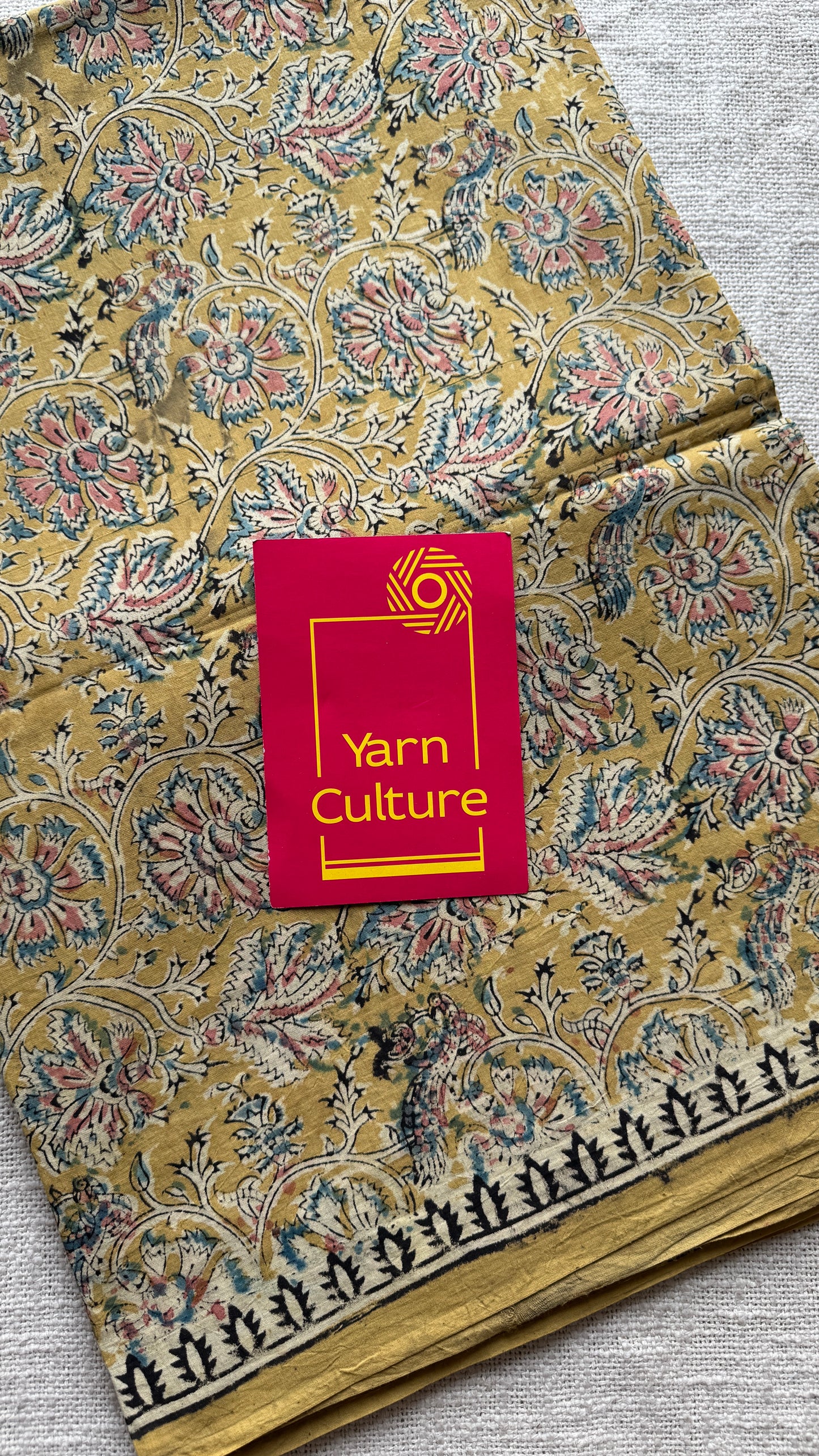 Ginger yellow kalamkari, floral vines, floral motif pallu