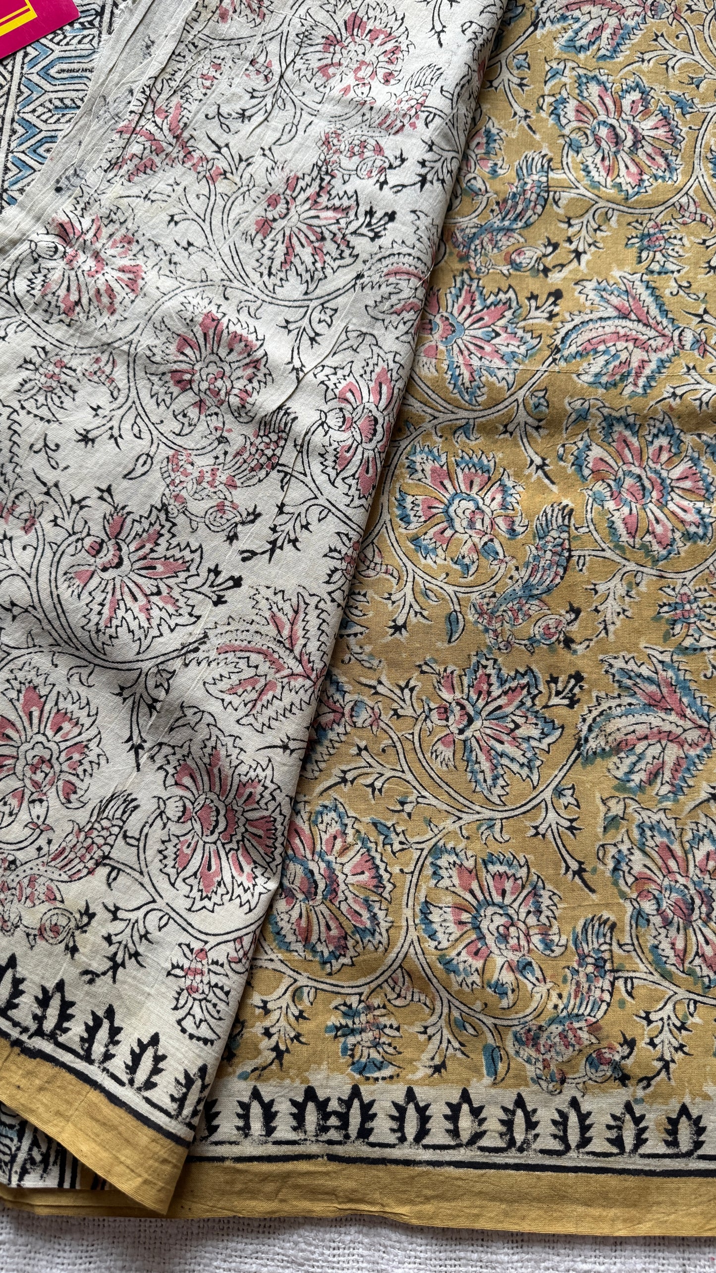 Ginger yellow kalamkari, floral vines, floral motif pallu