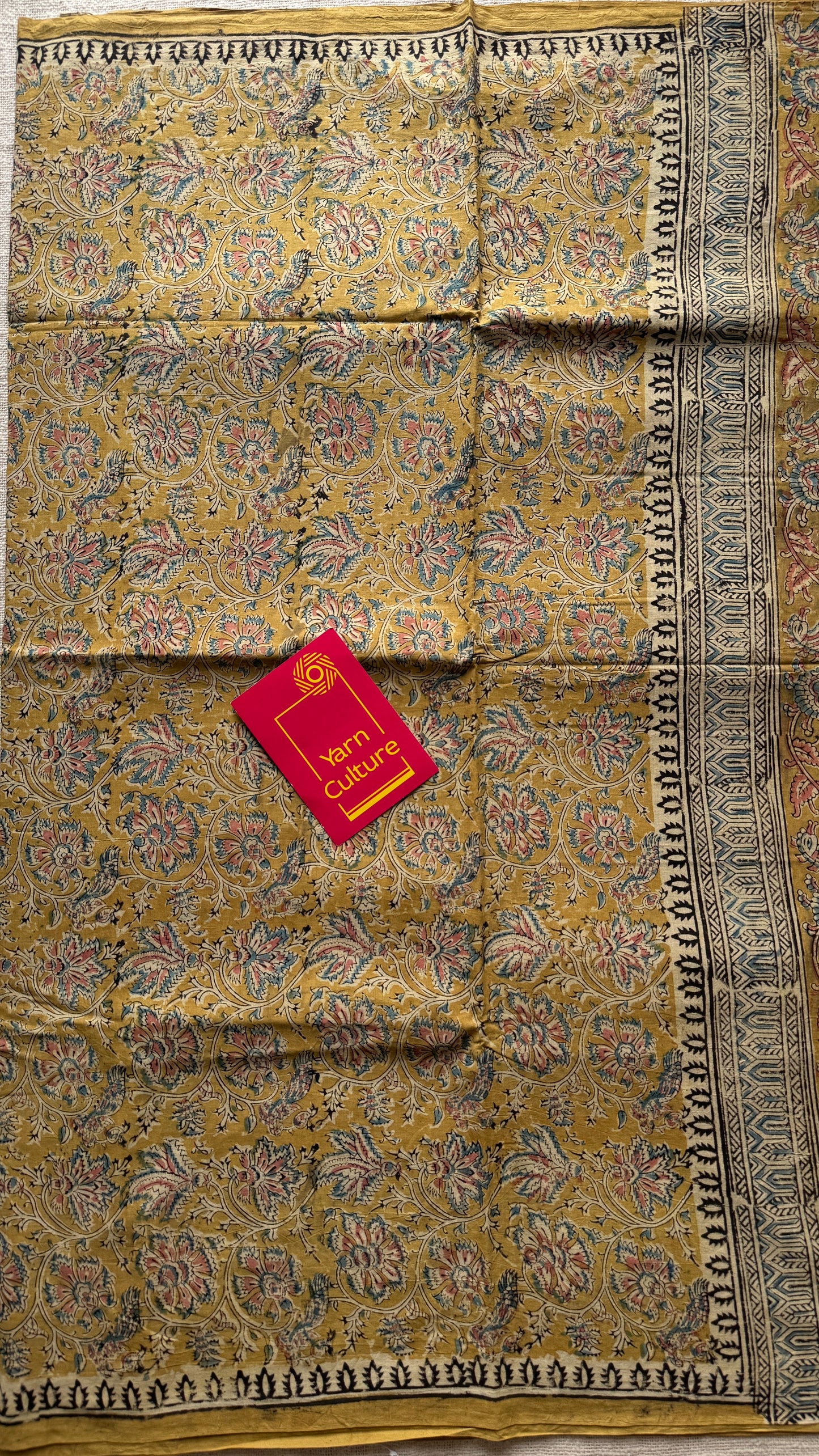 Ginger yellow kalamkari, floral vines, floral motif pallu