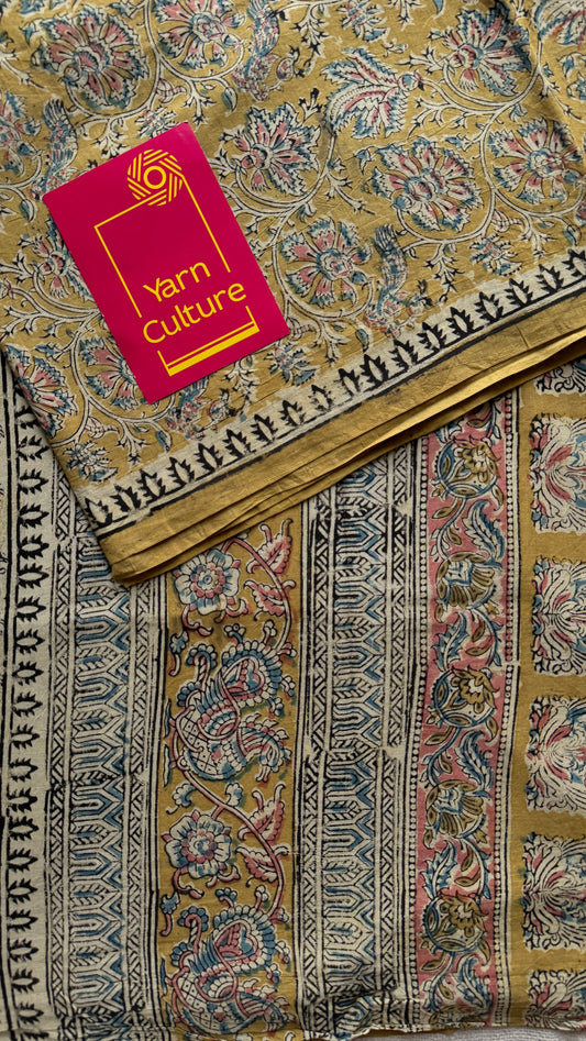 Ginger yellow kalamkari, floral vines, floral motif pallu