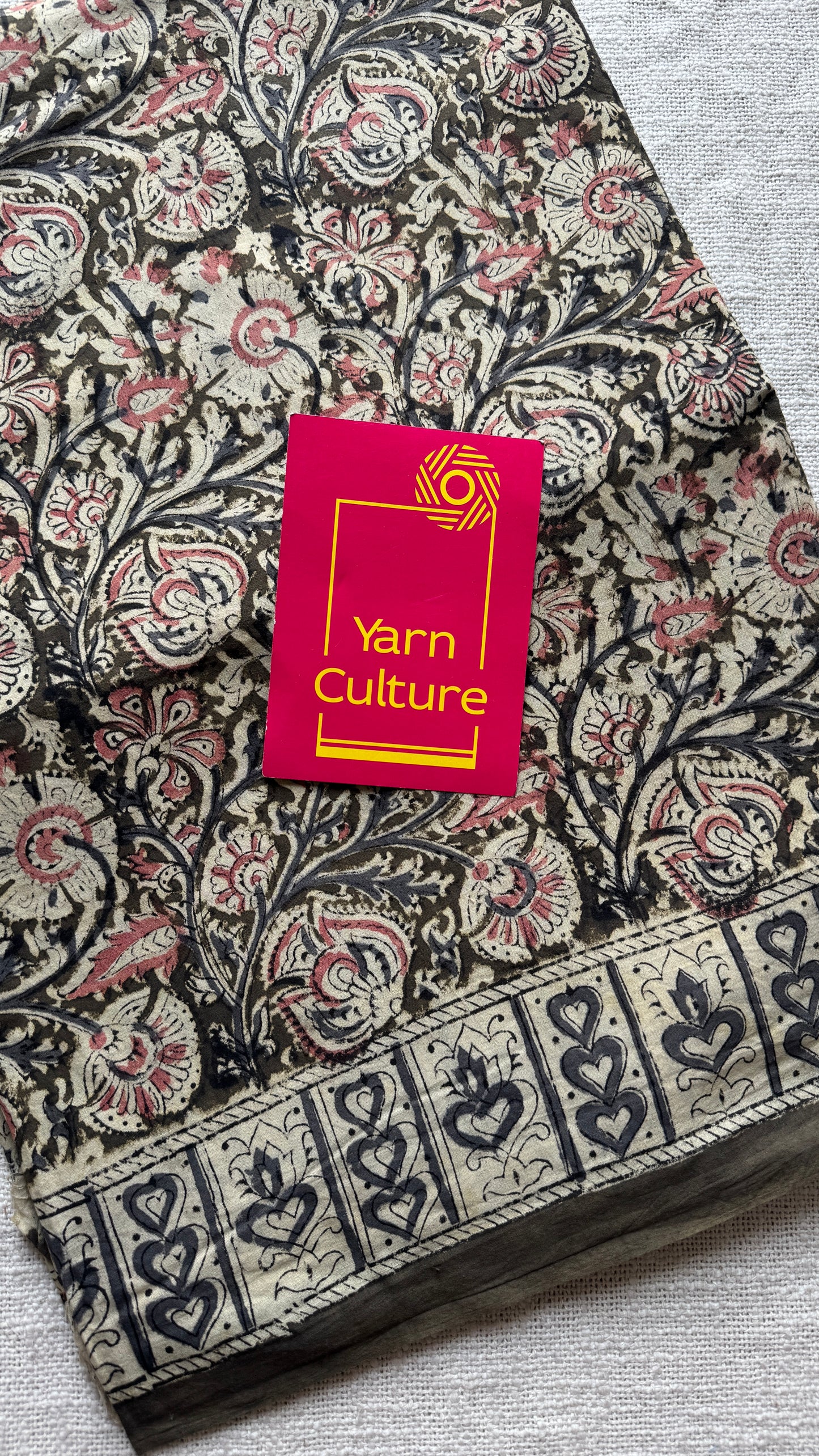 Olive green kalamkari, floral vines, floral motif pallu