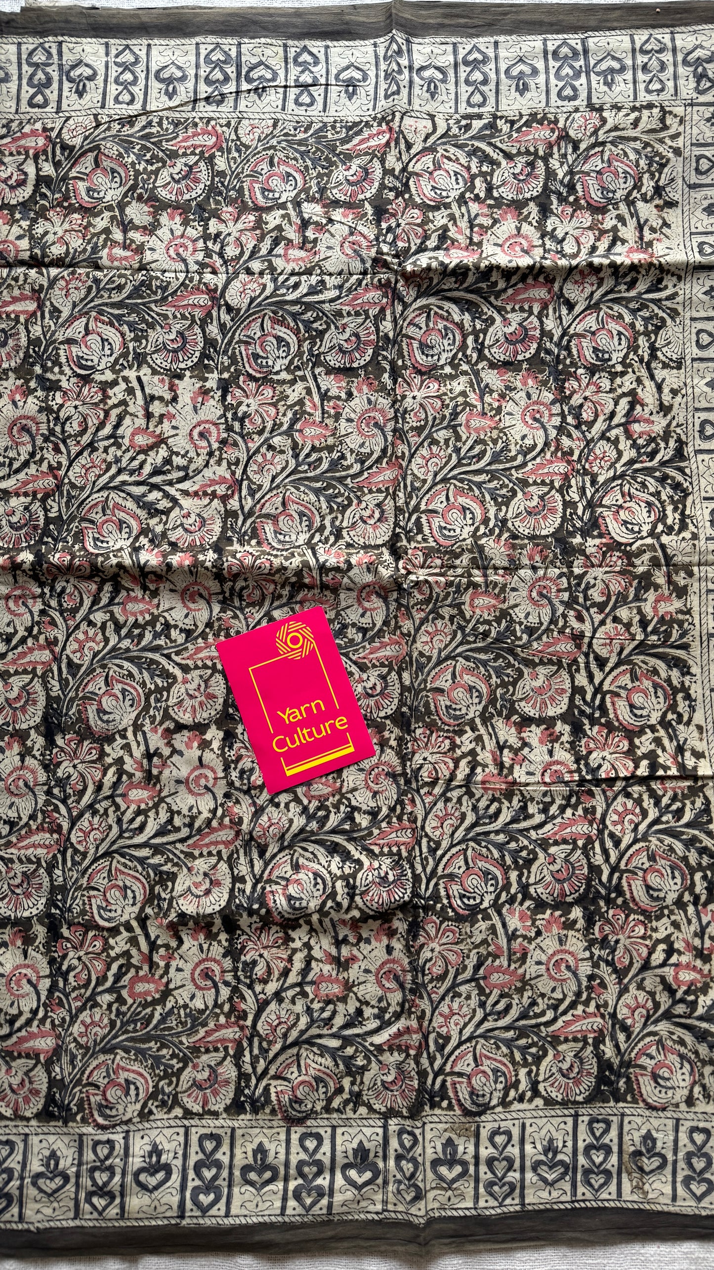 Olive green kalamkari, floral vines, floral motif pallu