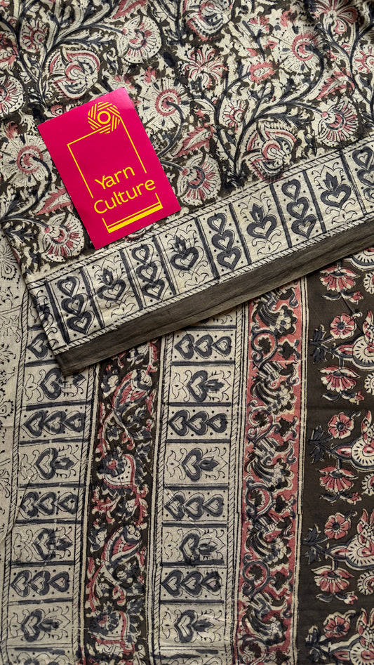 Olive green kalamkari, floral vines, floral motif pallu YCWOTDKBP34