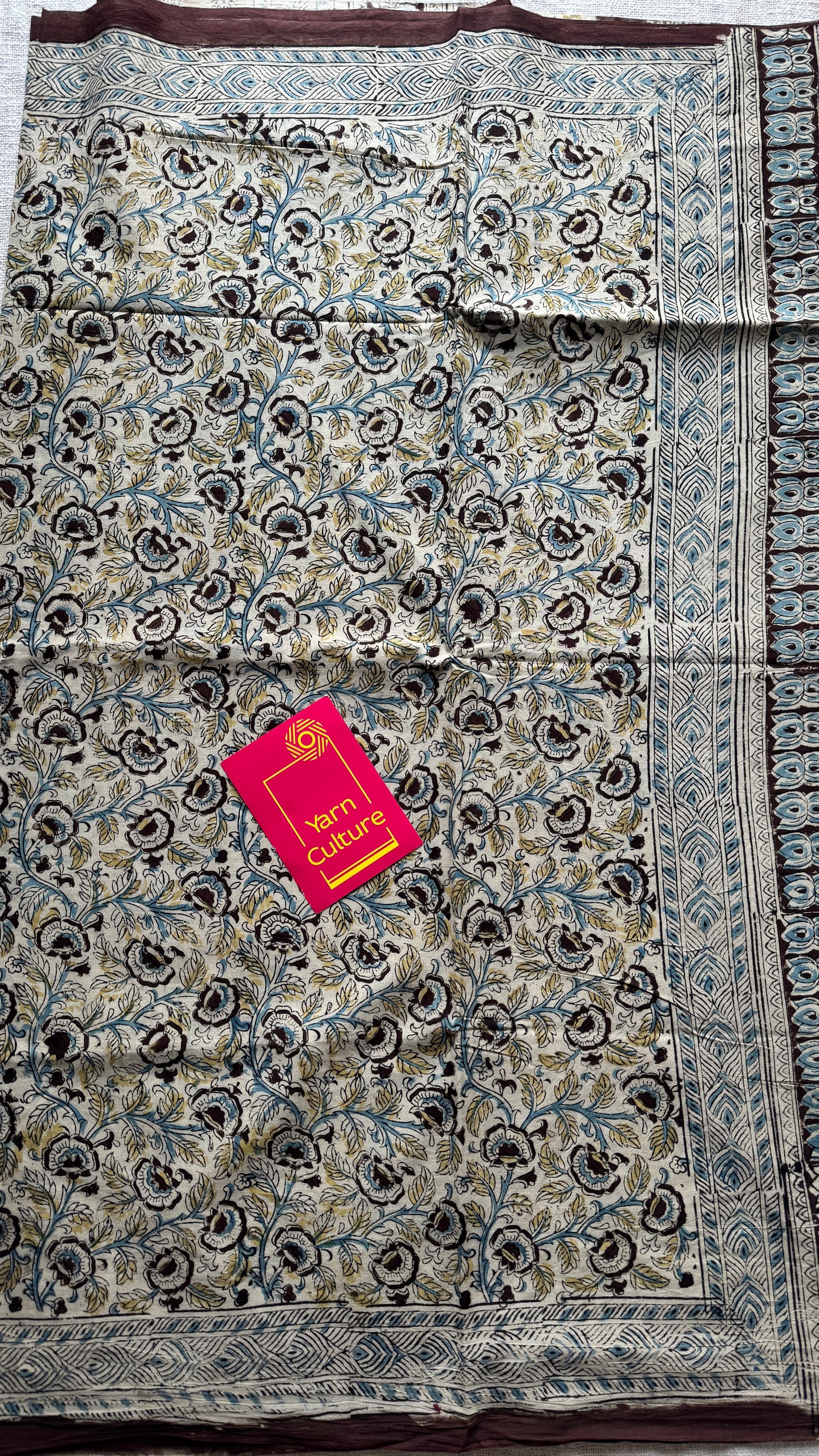 Cream kalamkari, floral vines, floral & paisley motif pallu