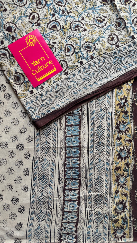 Cream kalamkari, floral vines, floral & paisley motif pallu