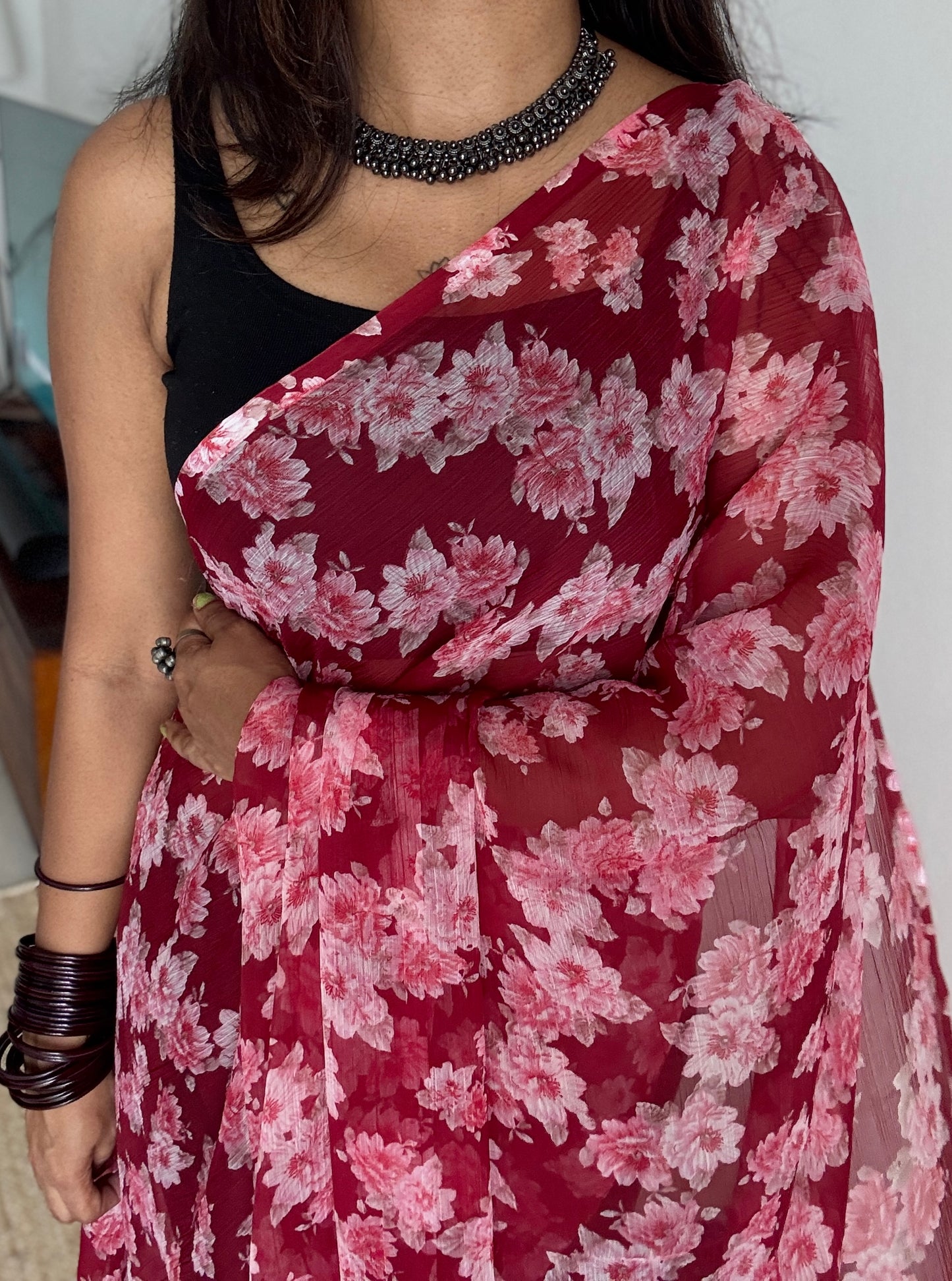 Maroon with flowers, chiffon ♥️