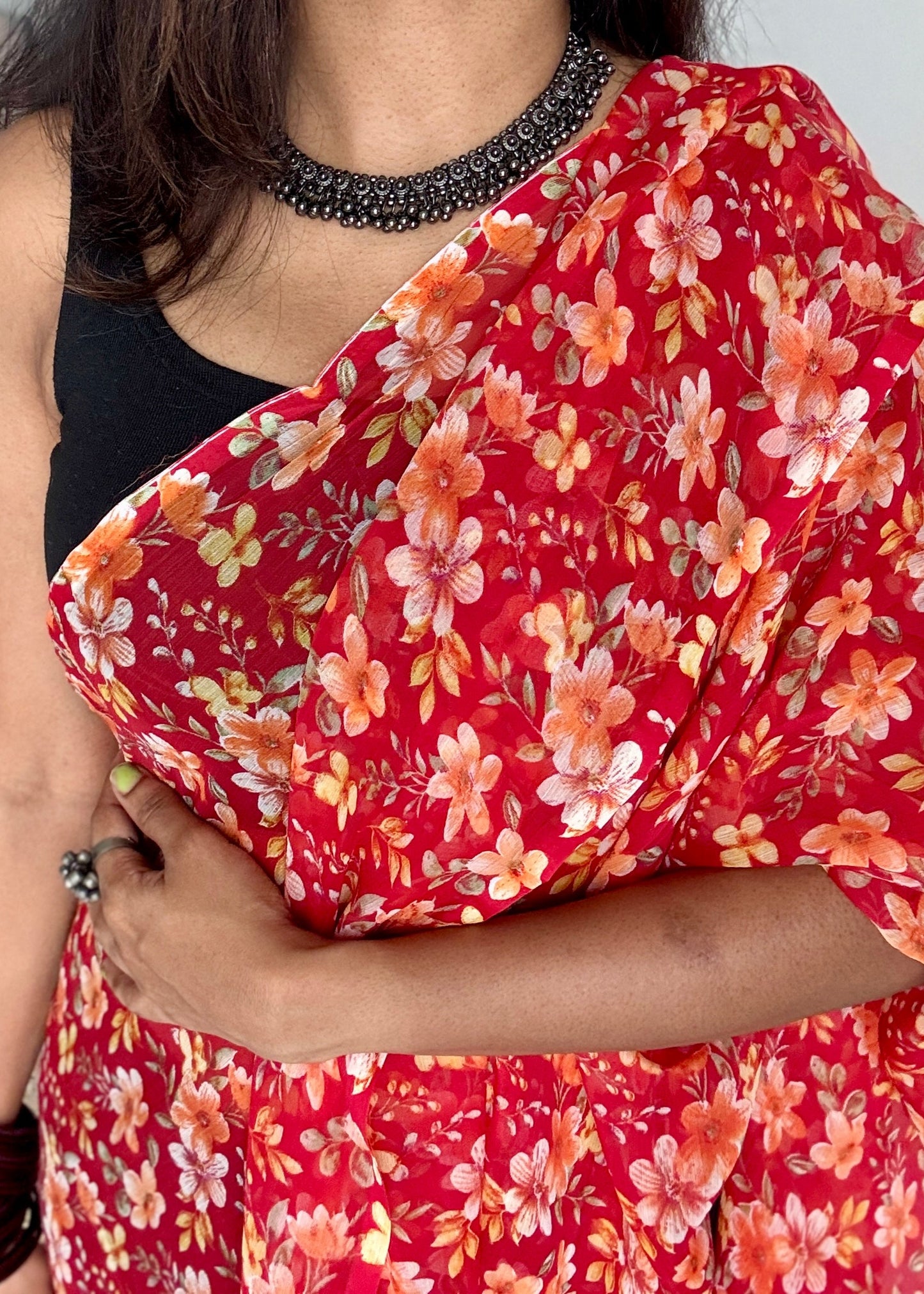 Red with light orange flowers, chiffon YCDOSFC02