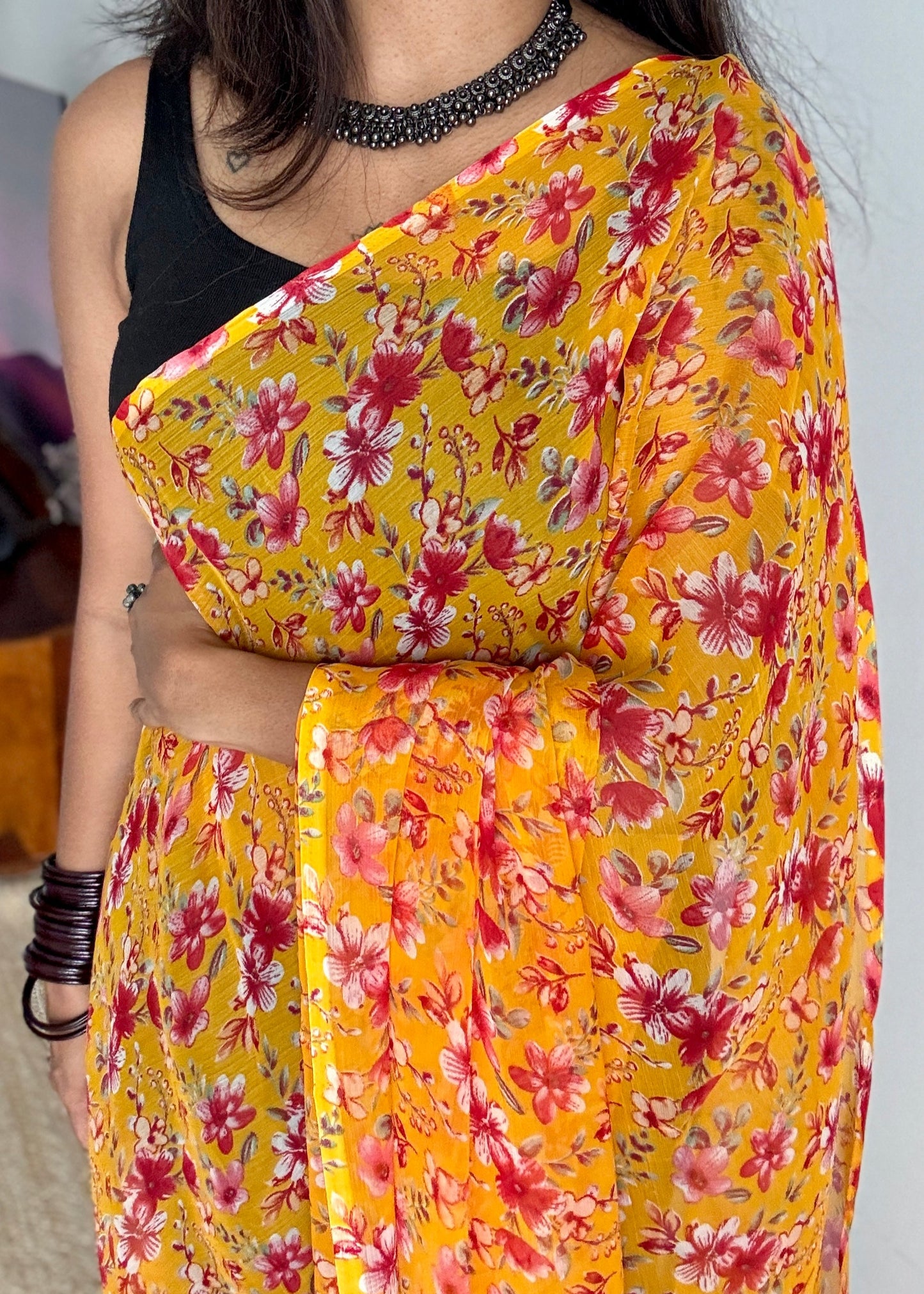 Yellow with red flowers, chiffon YCDOSFC01