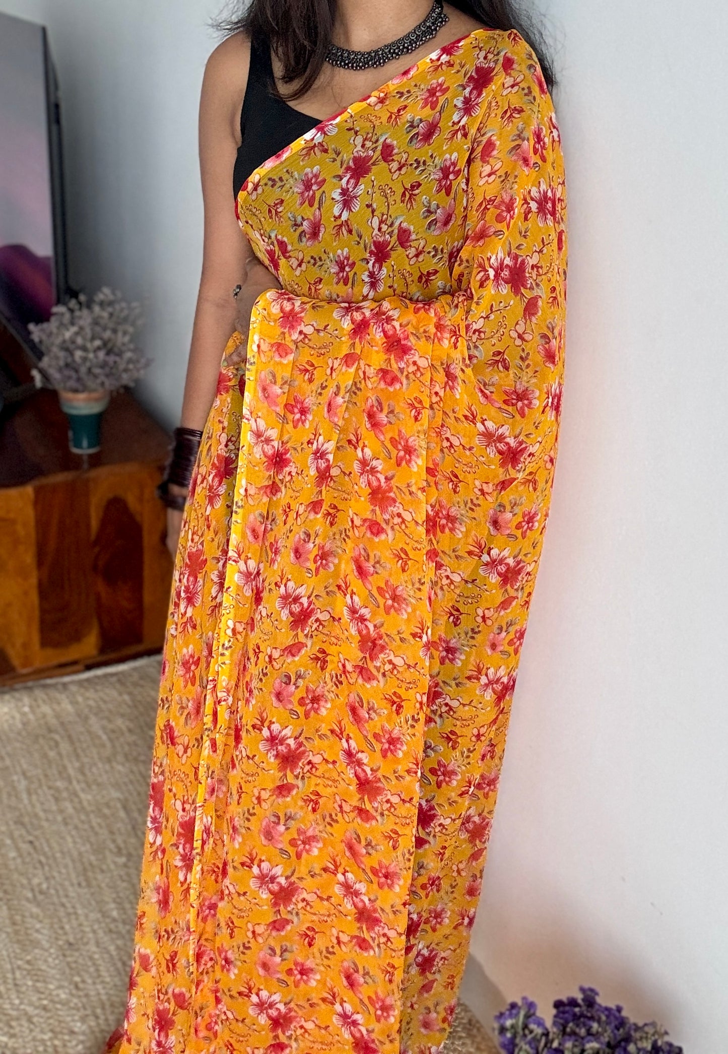 Yellow with red flowers, chiffon YCDOSFC01
