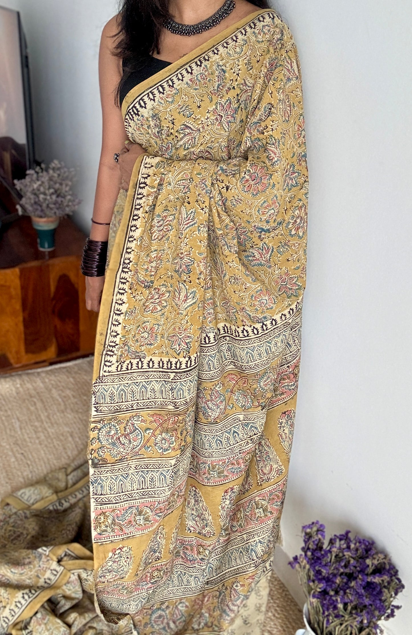 Ginger yellow kalamkari, floral vines, floral motif pallu