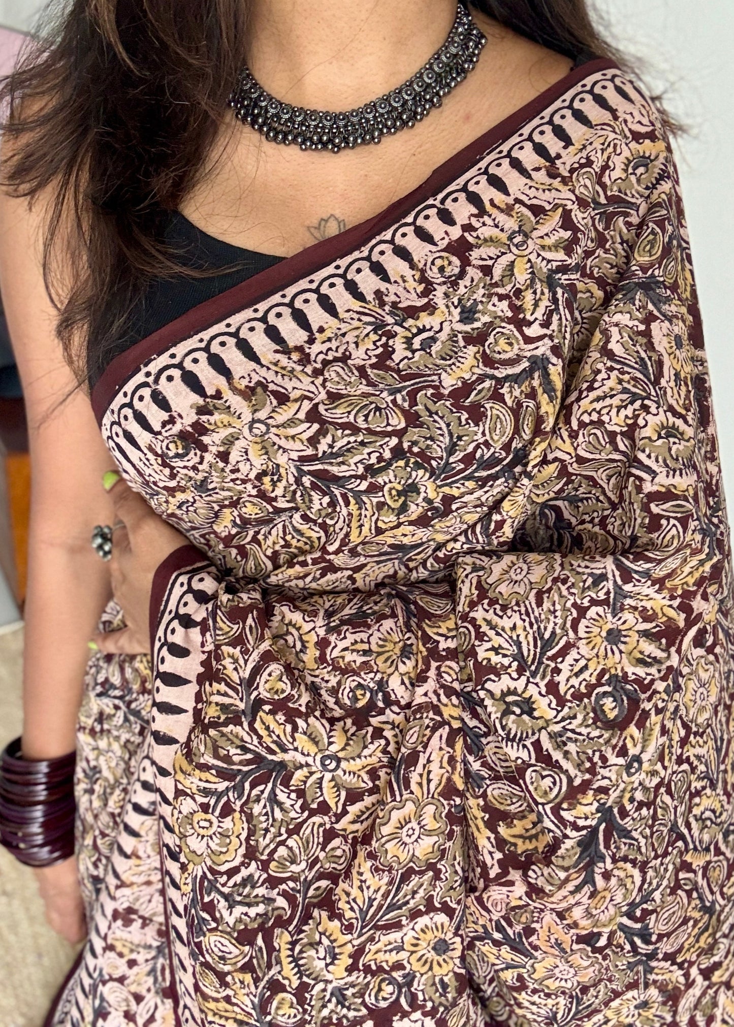 Maroon kalamkari, floral vines, floral motif pallu YCWOTDKBP32