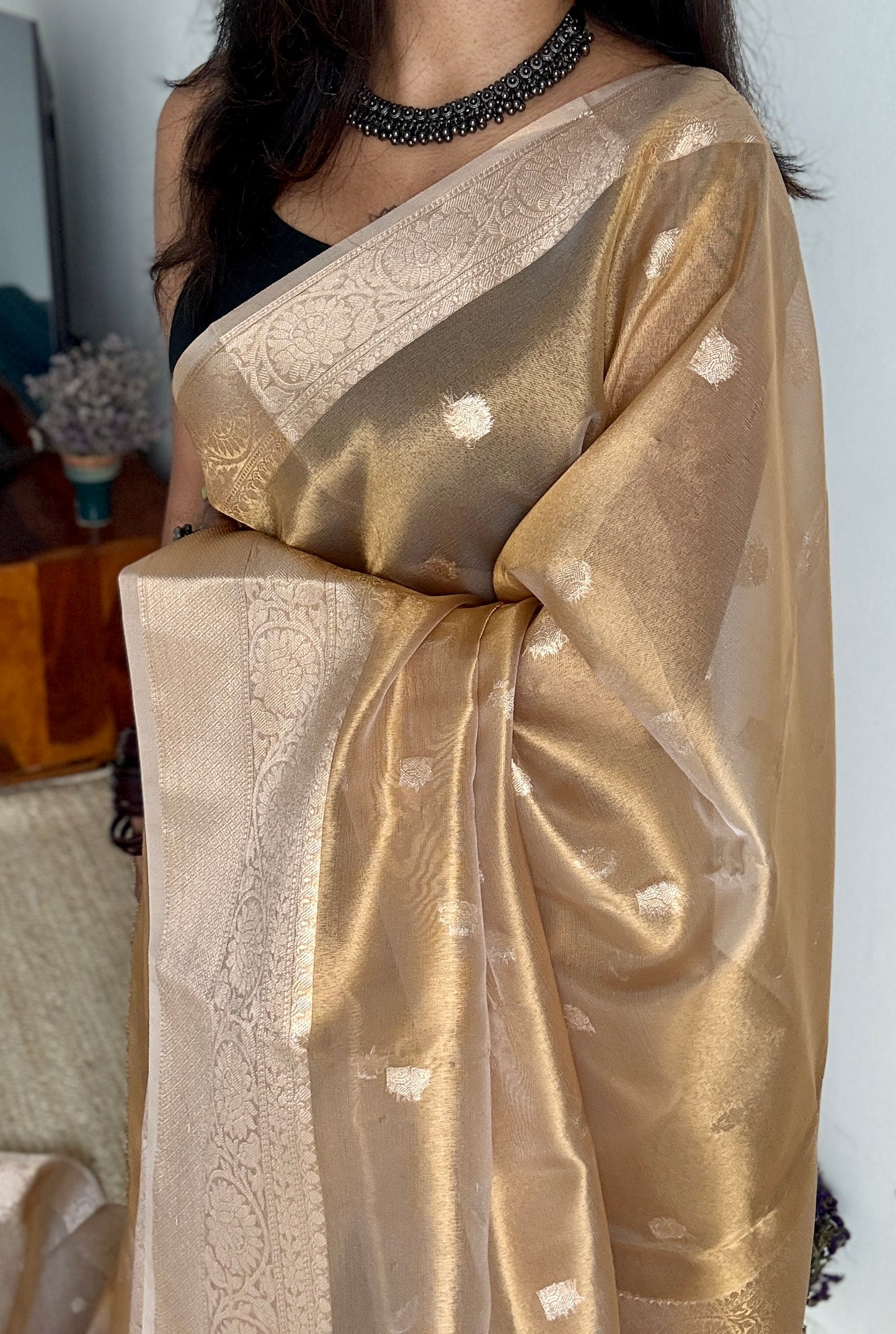 Brownish gold tissue Banarasi with gold butas