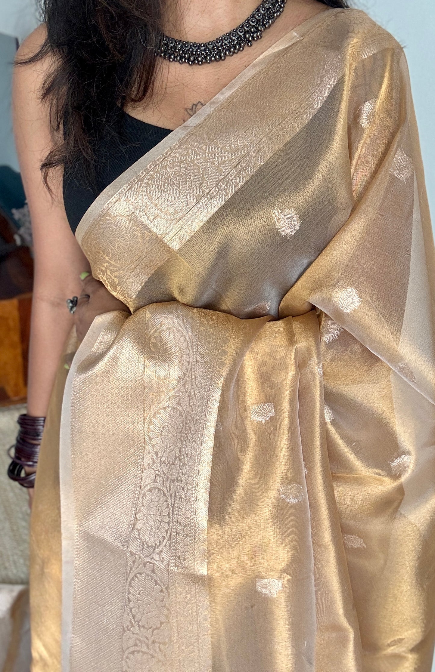 Brownish gold tissue Banarasi with gold butas