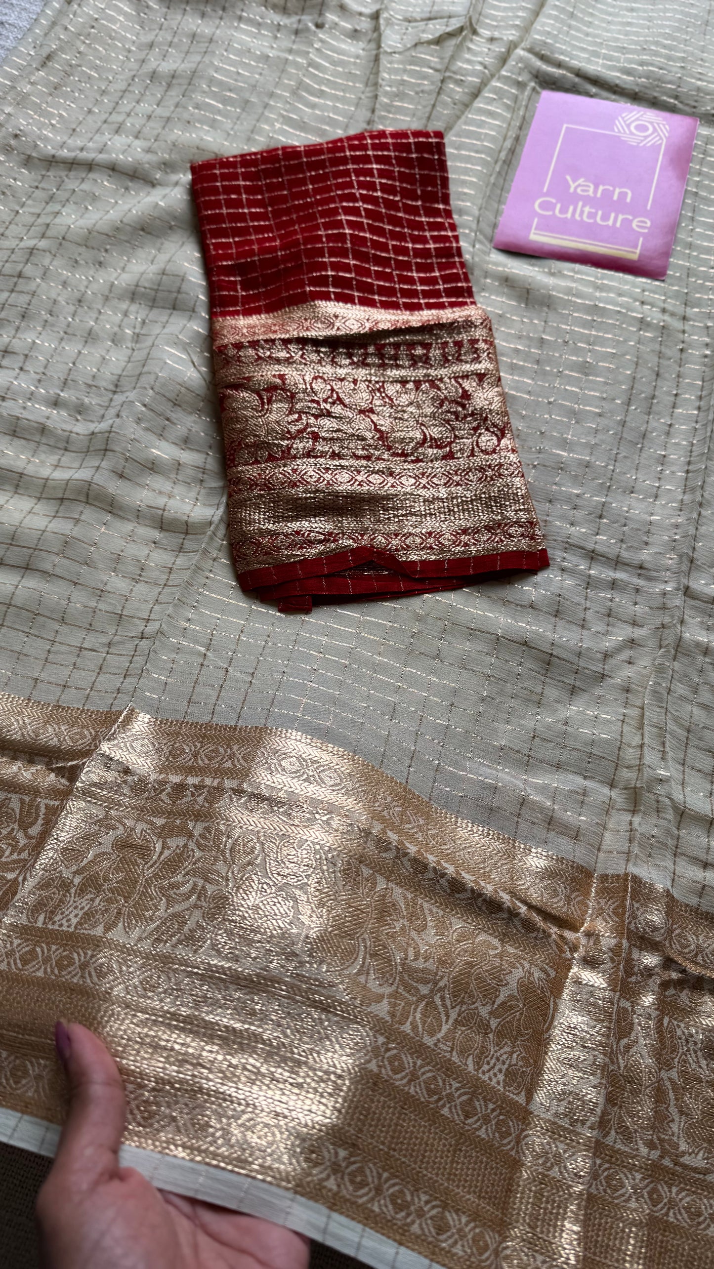 Cream & gold viscose silk checks - with contrast red blouse - YCON25DOS01