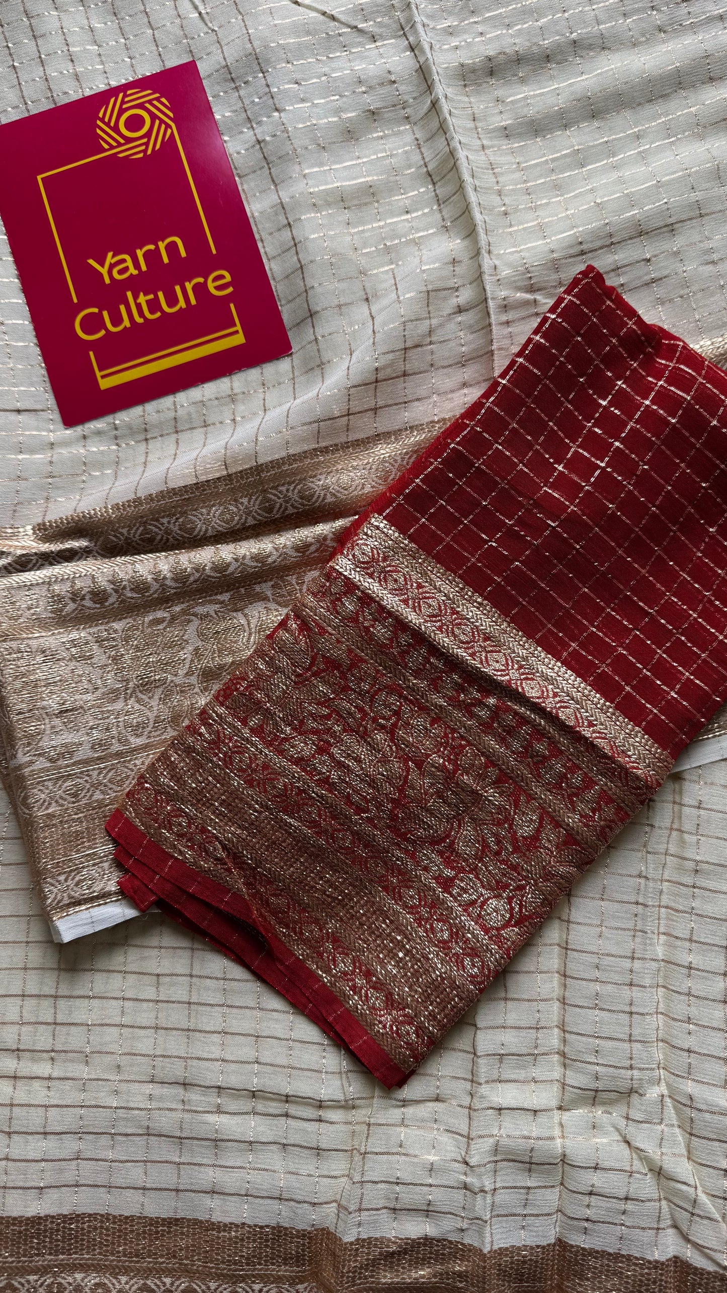 Cream & gold viscose silk checks - with contrast red blouse - YCON25DOS01
