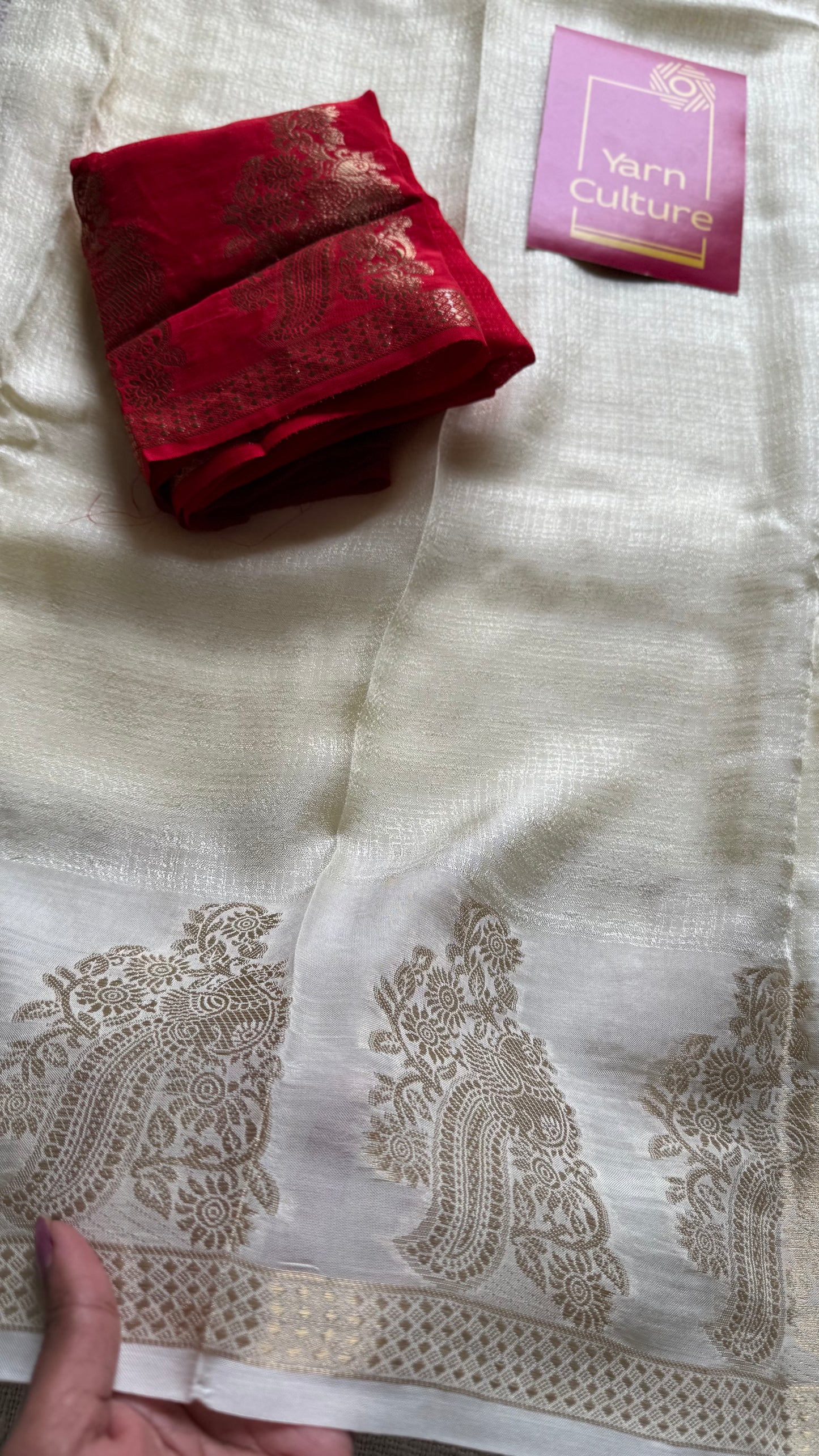 Cream & gold viscose khadi silk - with red contrast blouse - YCON25DOS02