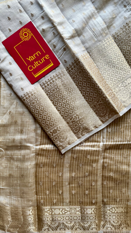 Ivory with antique gold zari - Semi Raw Silk