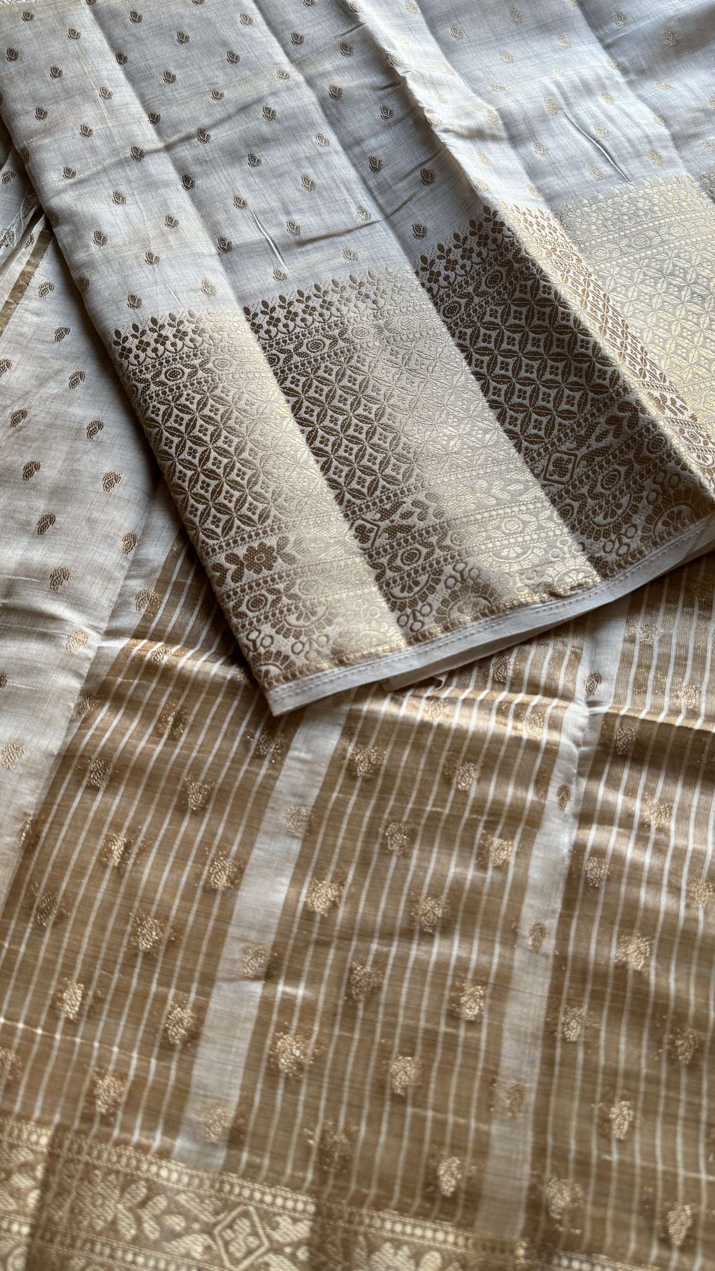 Ivory with antique gold zari - Semi Raw Silk