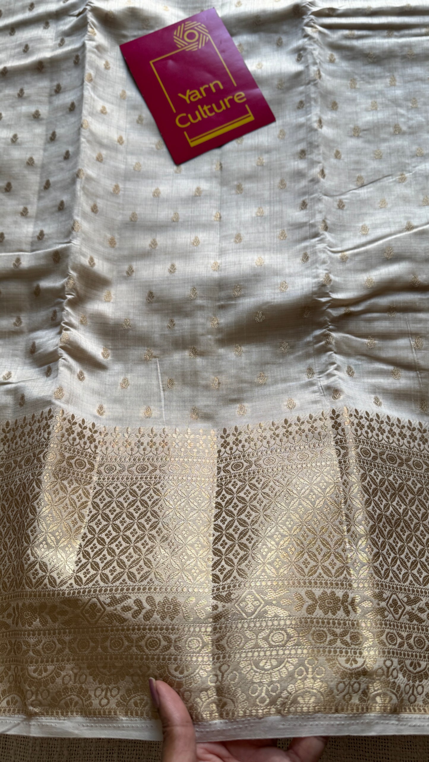 Ivory with antique gold zari - Semi Raw Silk