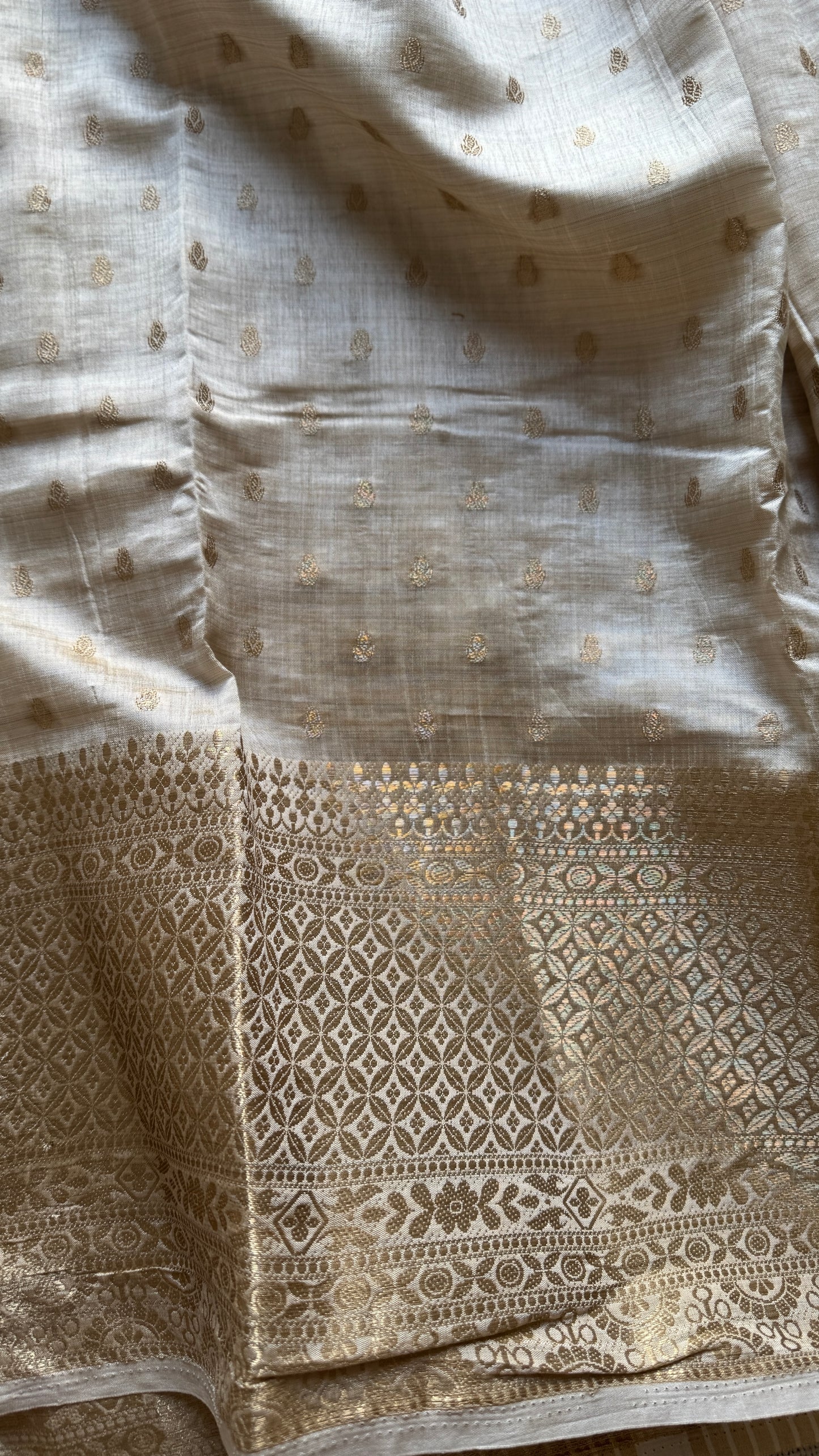 Ivory with antique gold zari - Semi Raw Silk