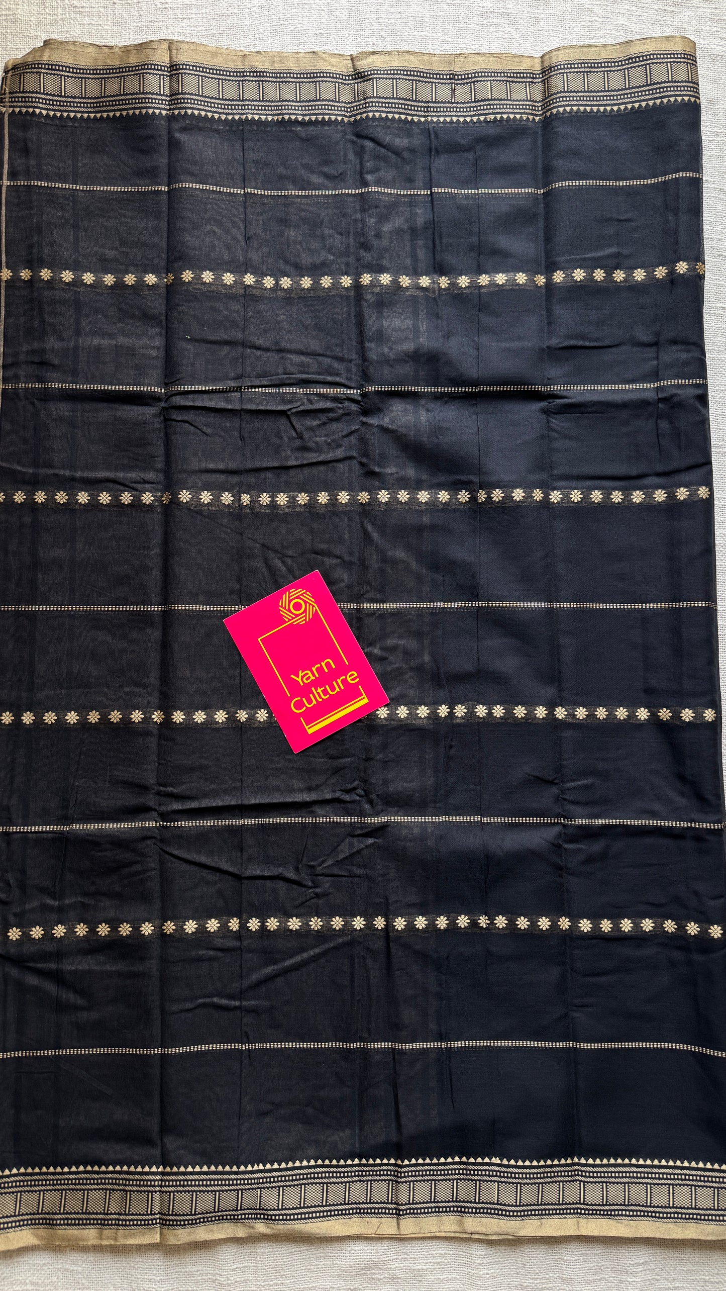 Black premium narayanpet with cream motif pattern