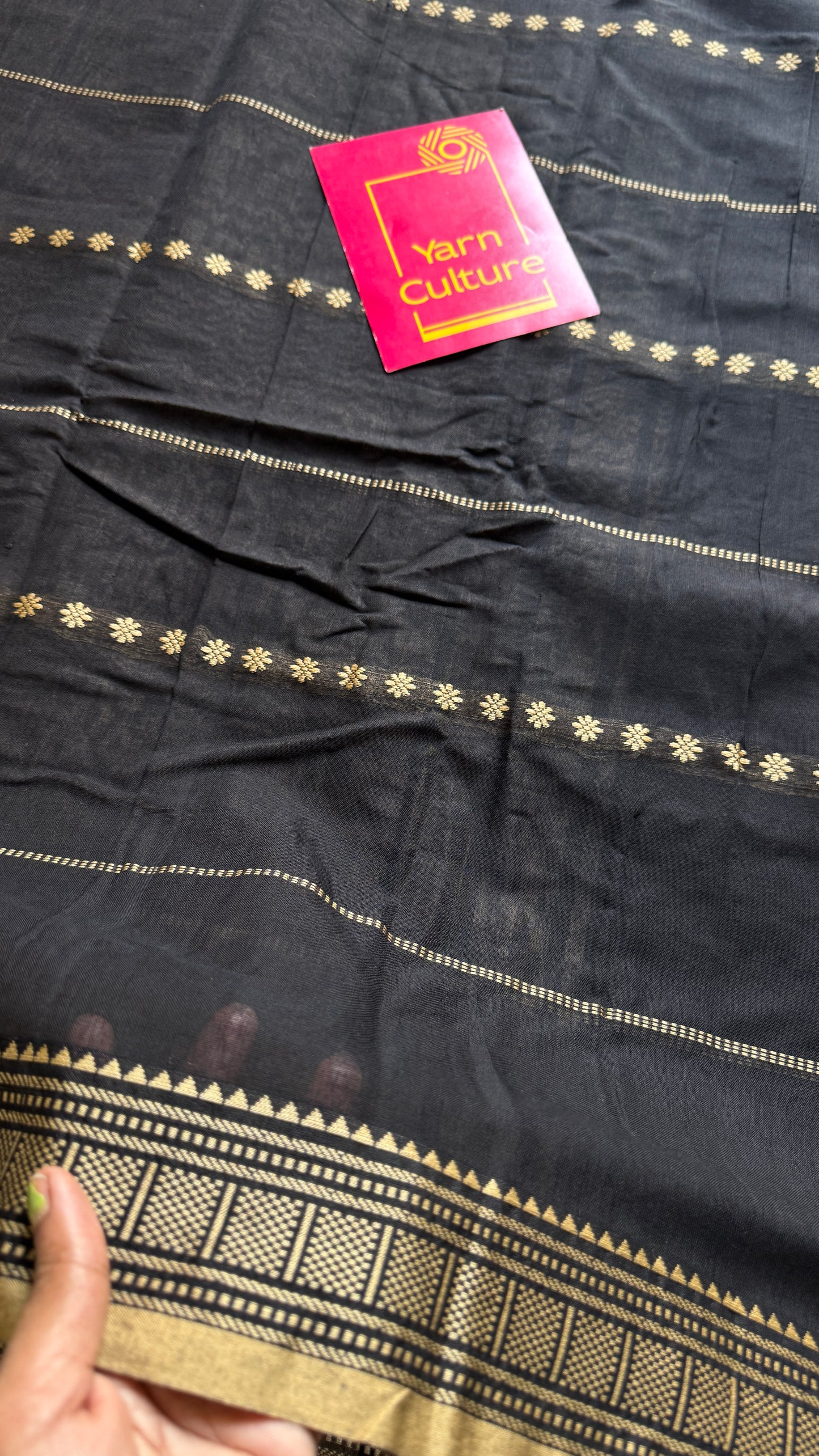 Black premium narayanpet with cream motif pattern