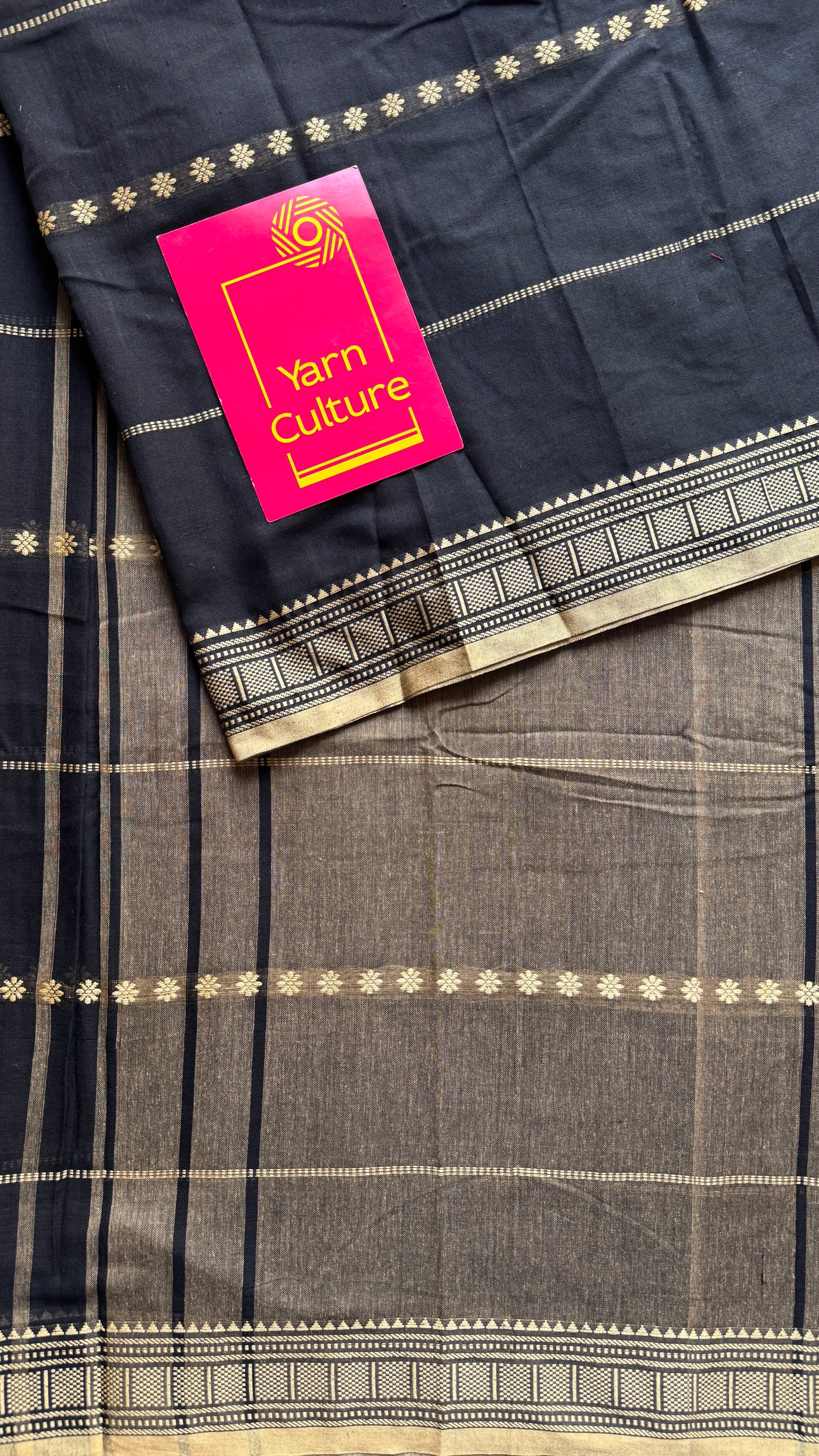 Black premium narayanpet with cream motif pattern